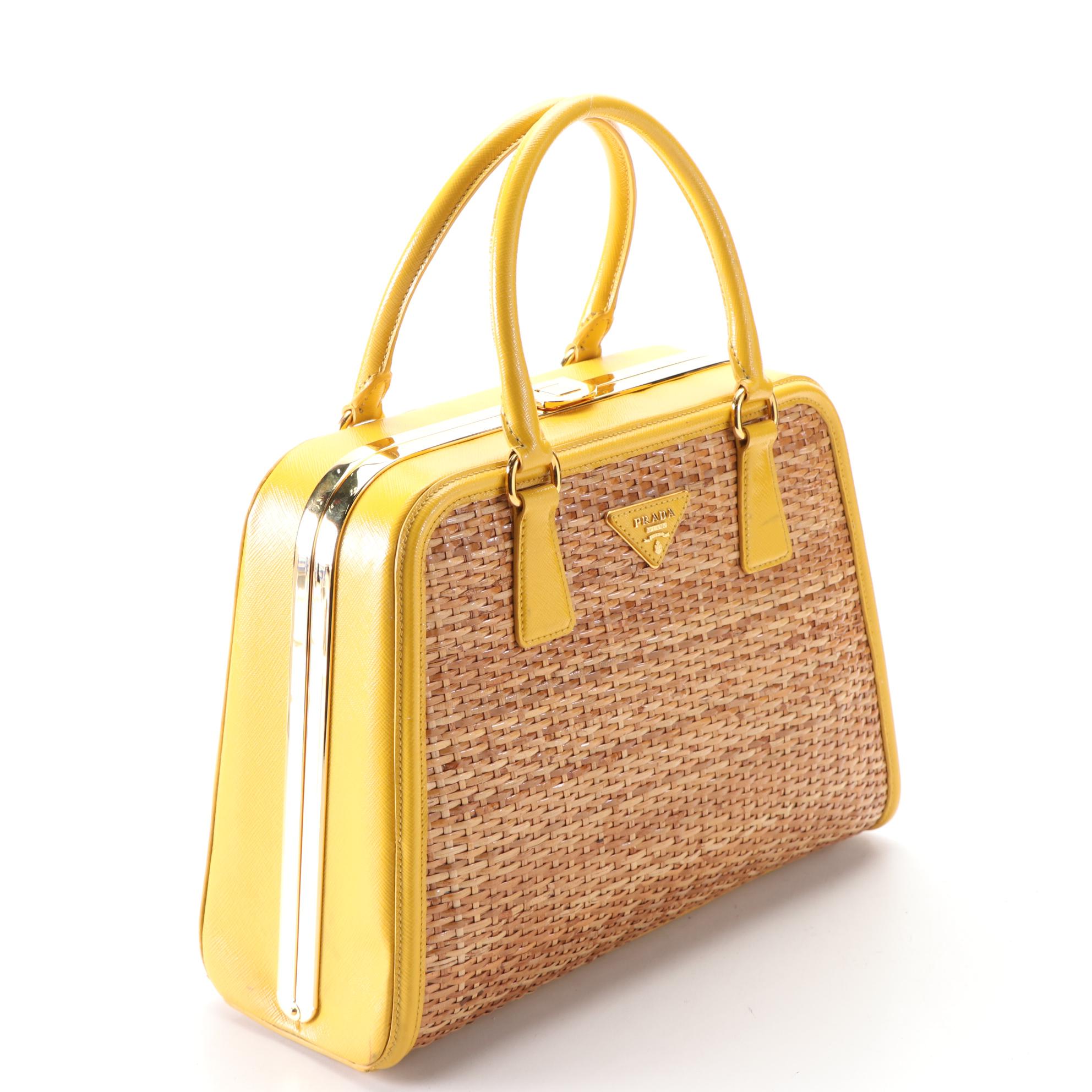 Prada Top Handle Frame Bag in Natural Wicker and Yellow Saffiano Leather