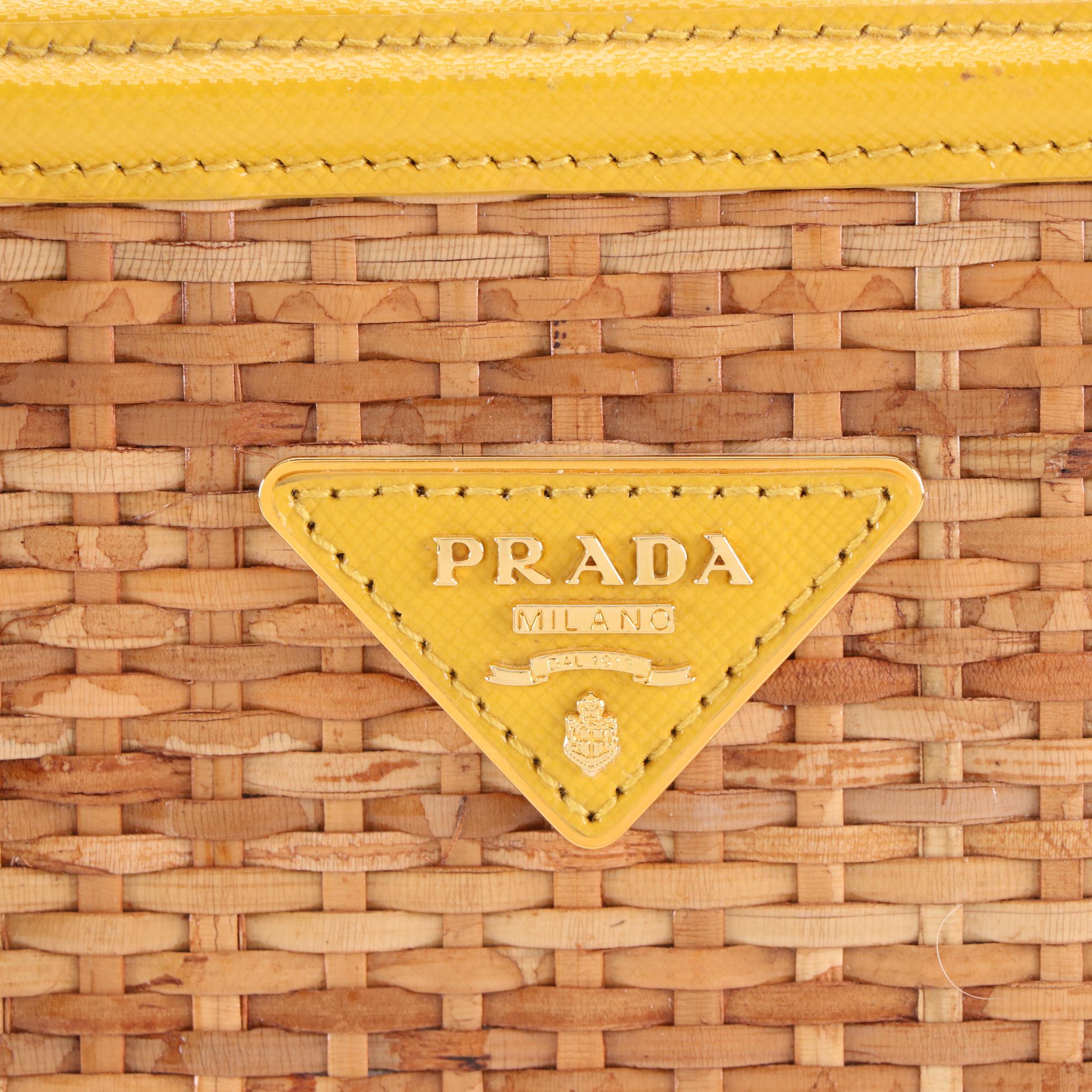 Prada Top Handle Frame Bag in Natural Wicker and Yellow Saffiano Leather