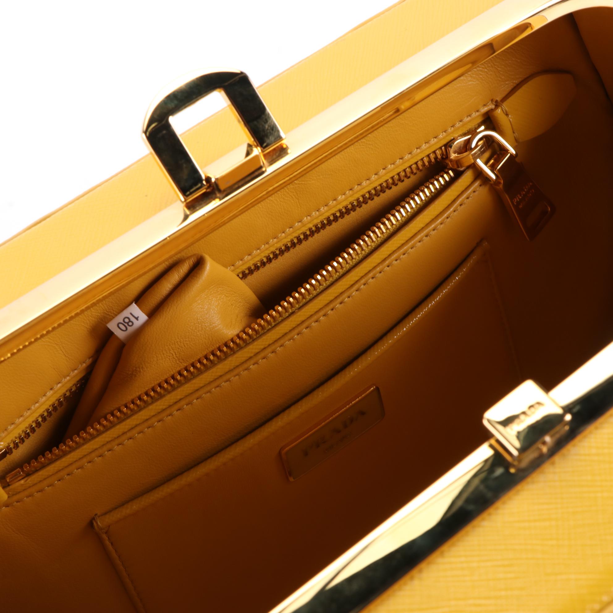 Prada Top Handle Frame Bag in Natural Wicker and Yellow Saffiano Leather