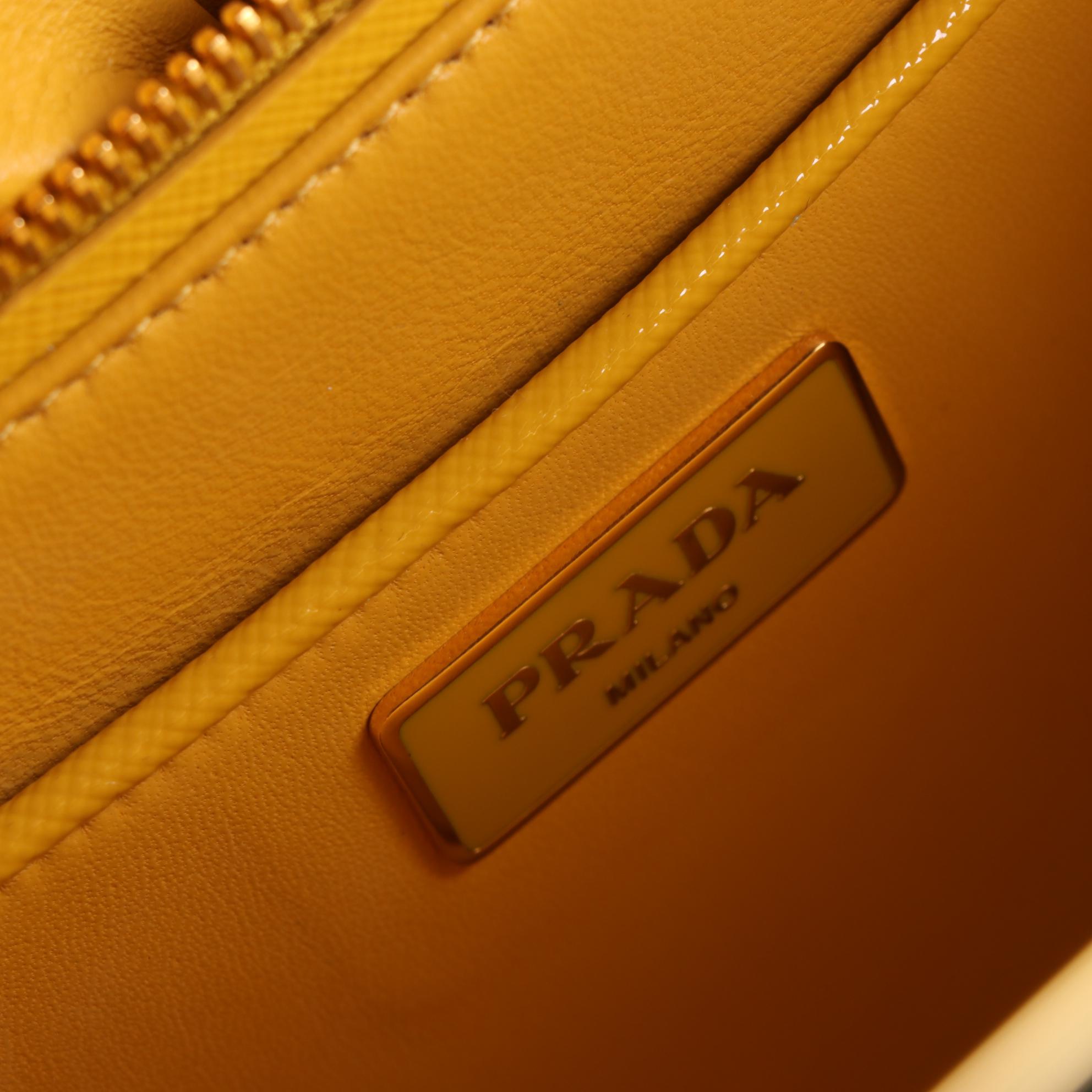 Prada Top Handle Frame Bag in Natural Wicker and Yellow Saffiano Leather