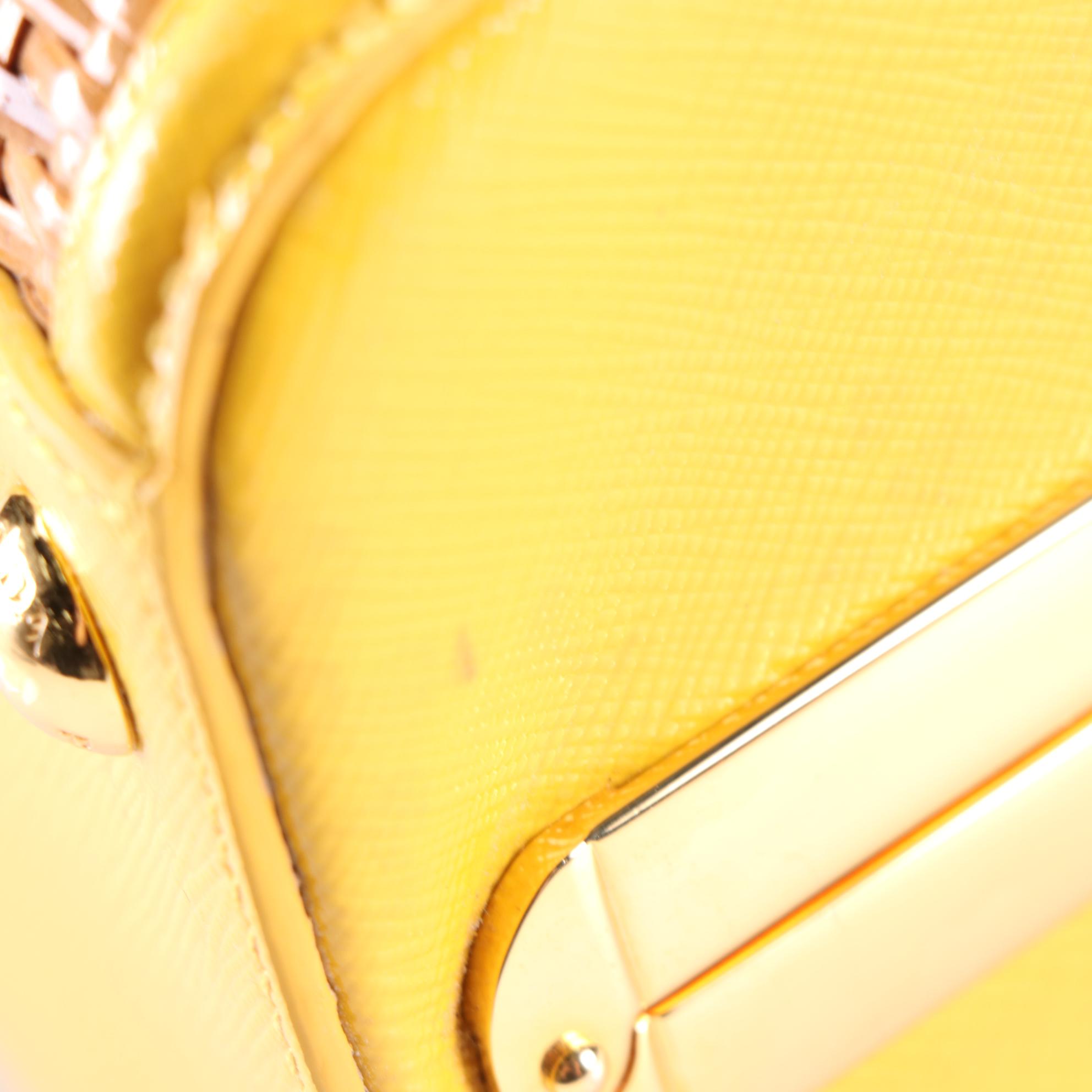 Prada Top Handle Frame Bag in Natural Wicker and Yellow Saffiano Leather