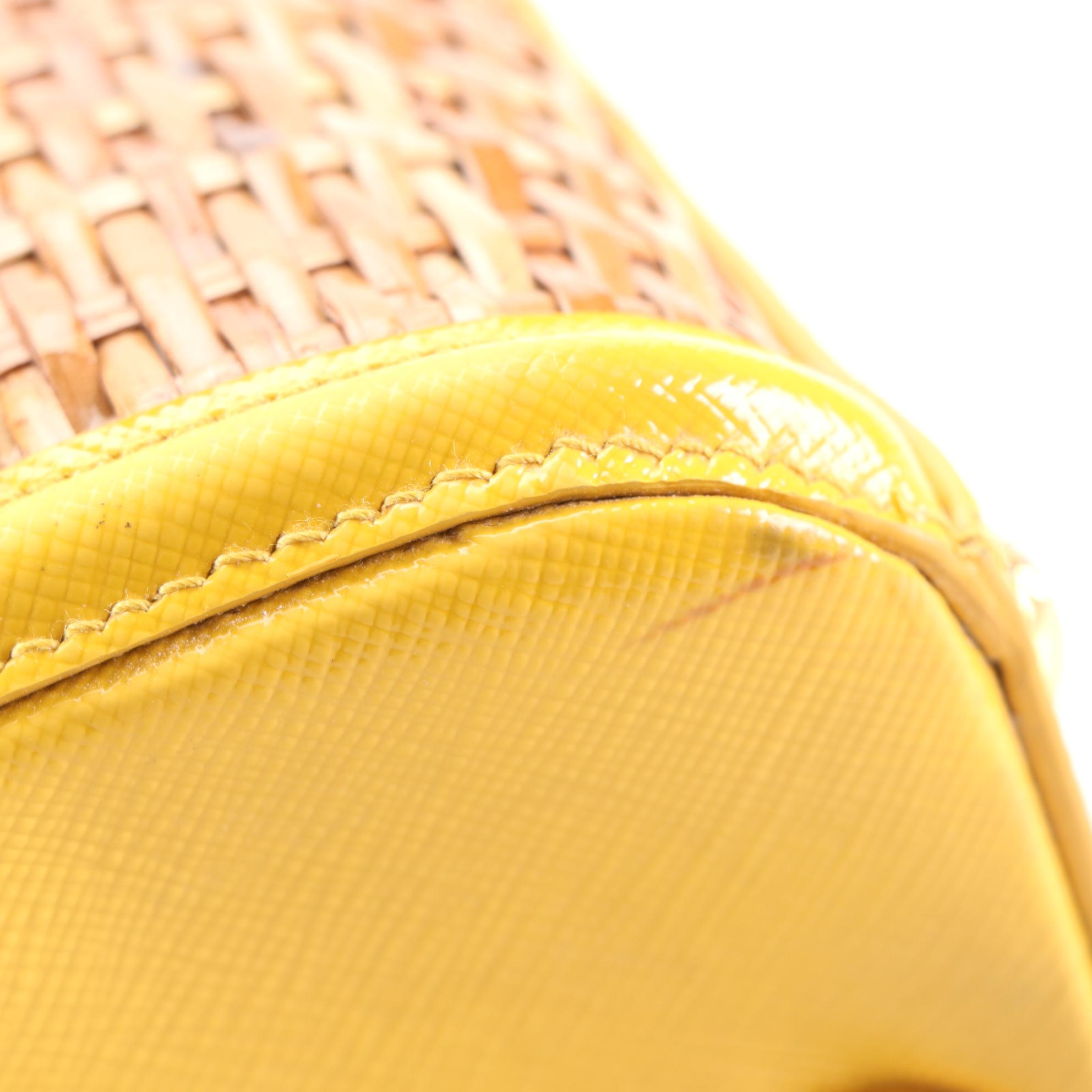 Prada Top Handle Frame Bag in Natural Wicker and Yellow Saffiano Leather