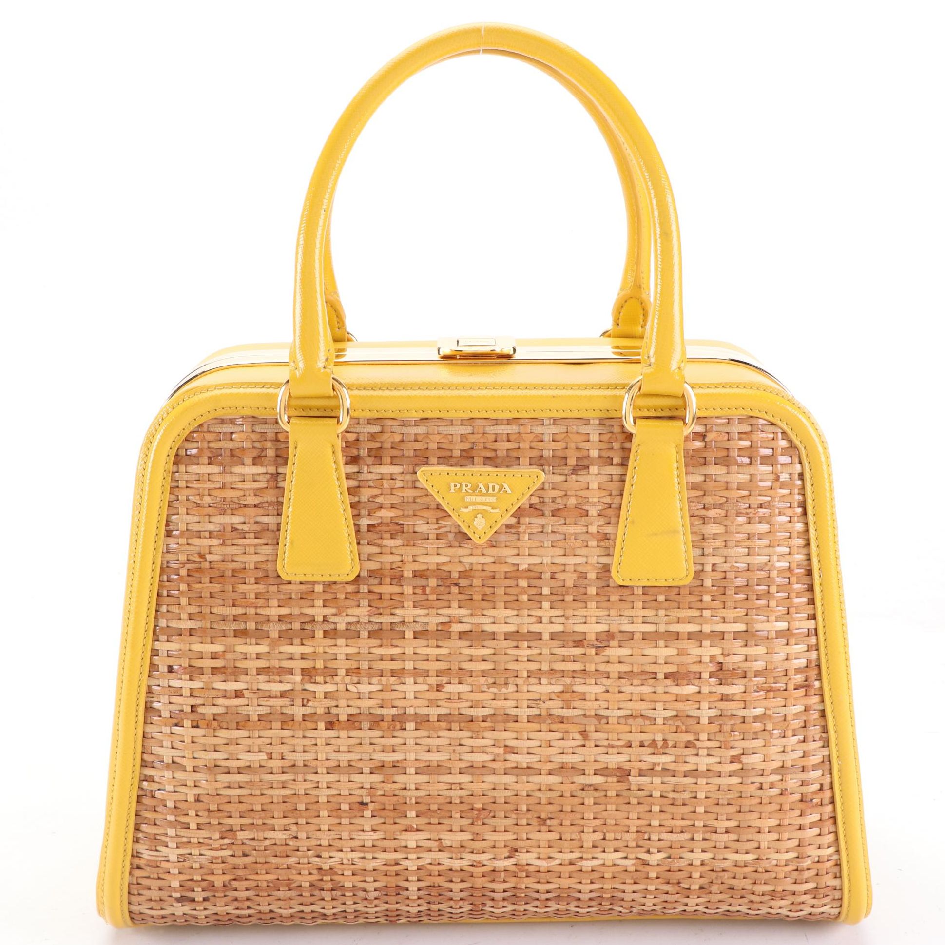 Prada Top Handle Frame Bag in Natural Wicker and Yellow Saffiano Leather