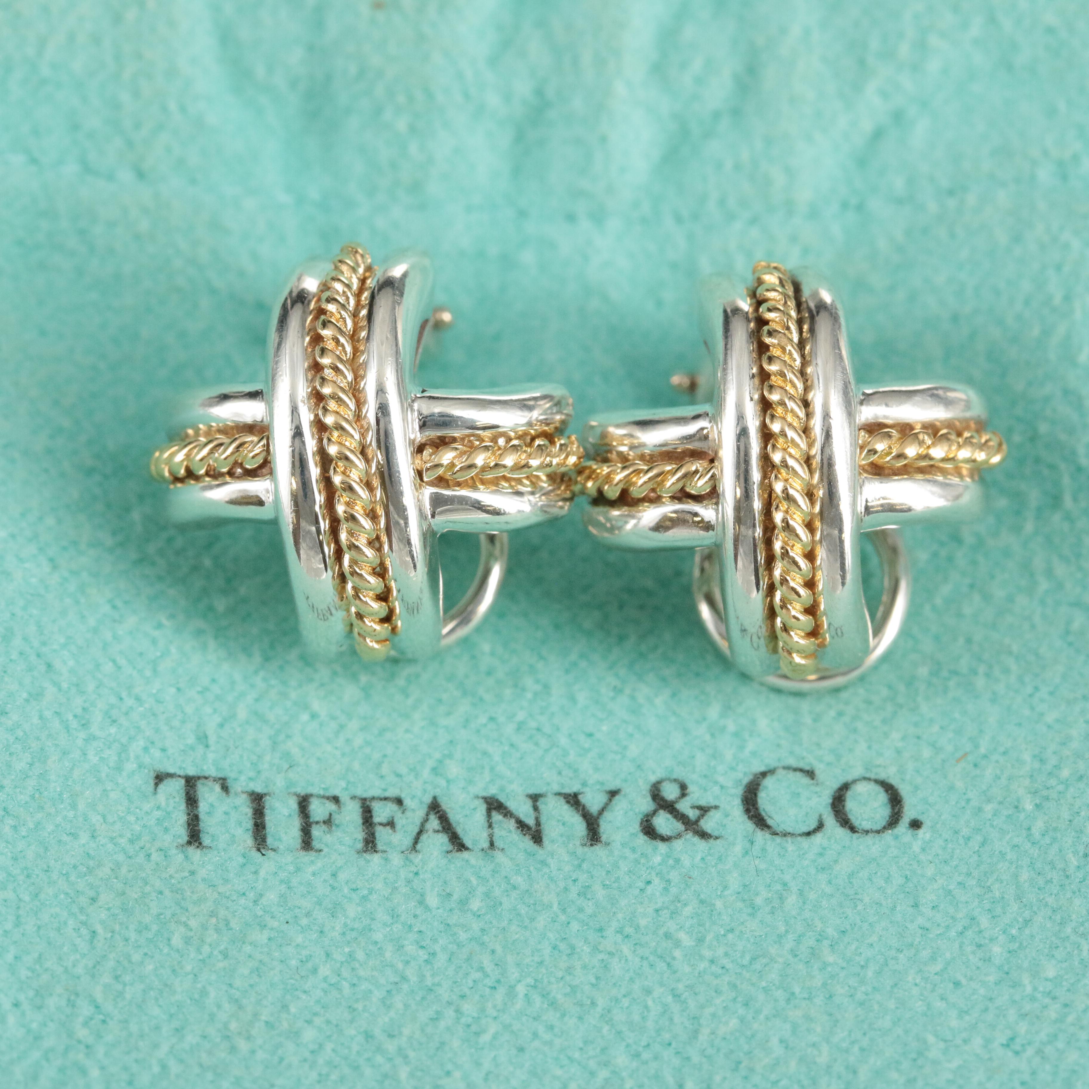 Circa 1990 Tiffany & Co. "Signature X" Sterling and 18K Clip Earrings