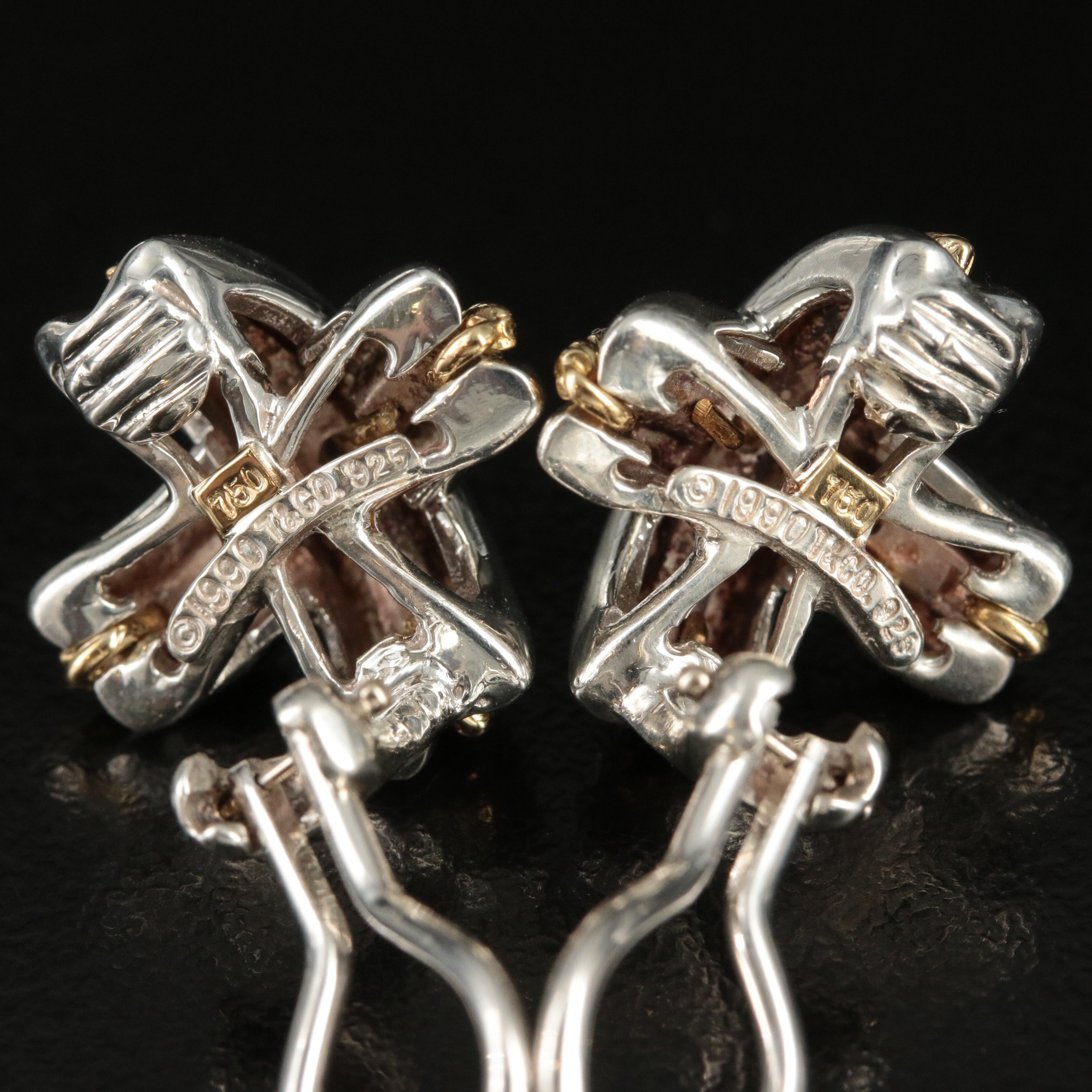 Circa 1990 Tiffany & Co. "Signature X" Sterling and 18K Clip Earrings