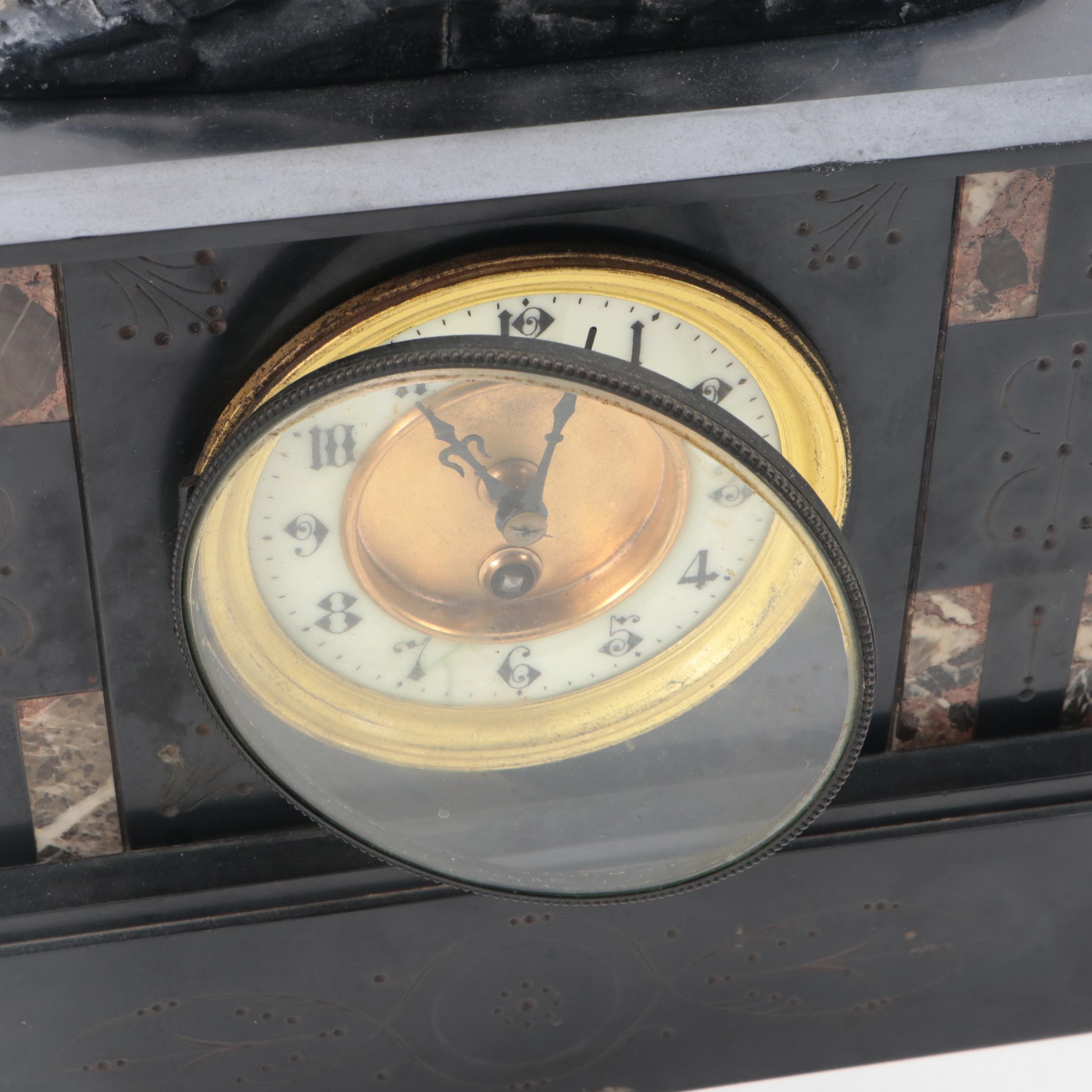 French Slate and Marble Mantel Clock with Knight Figure, 19th Century