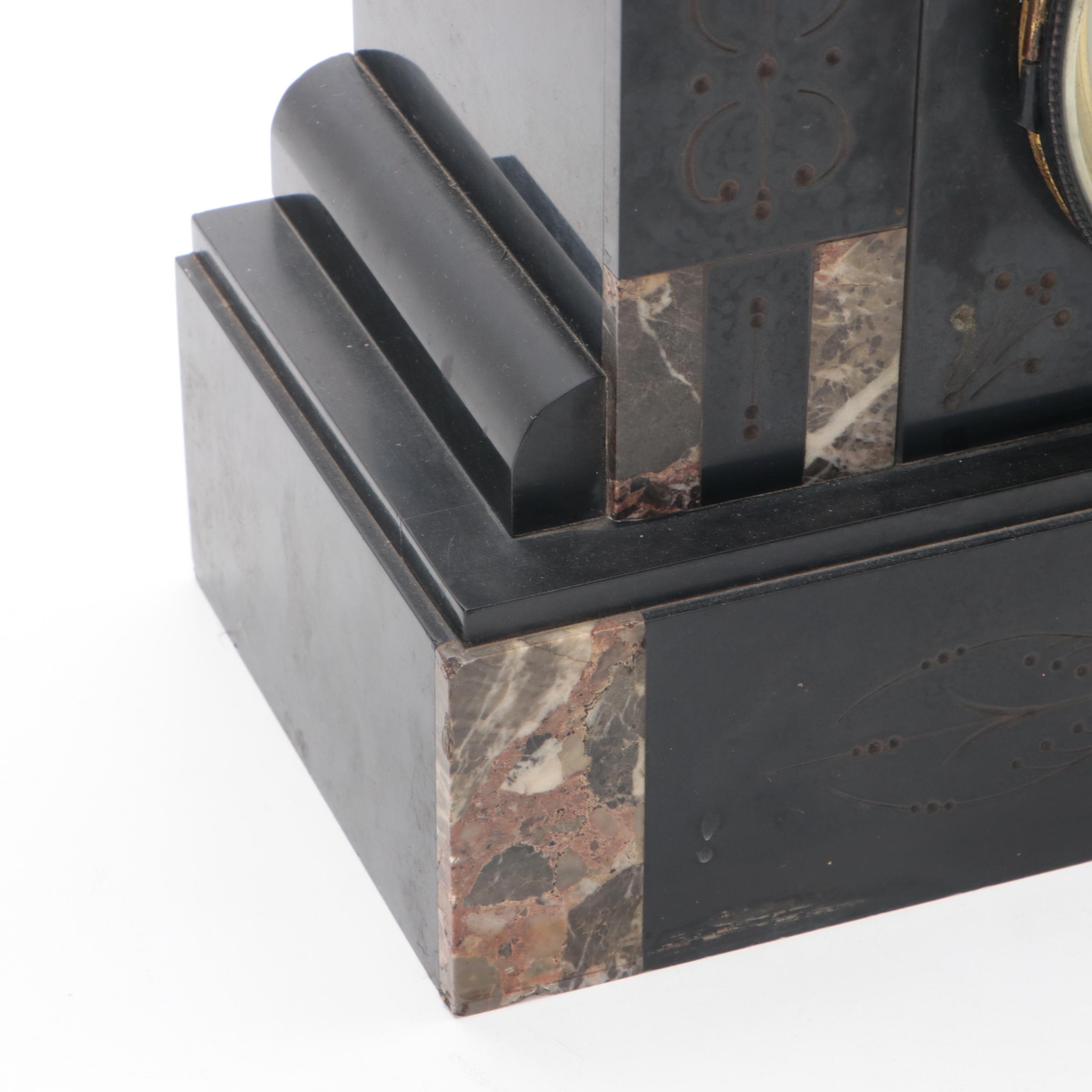 French Slate and Marble Mantel Clock with Knight Figure, 19th Century