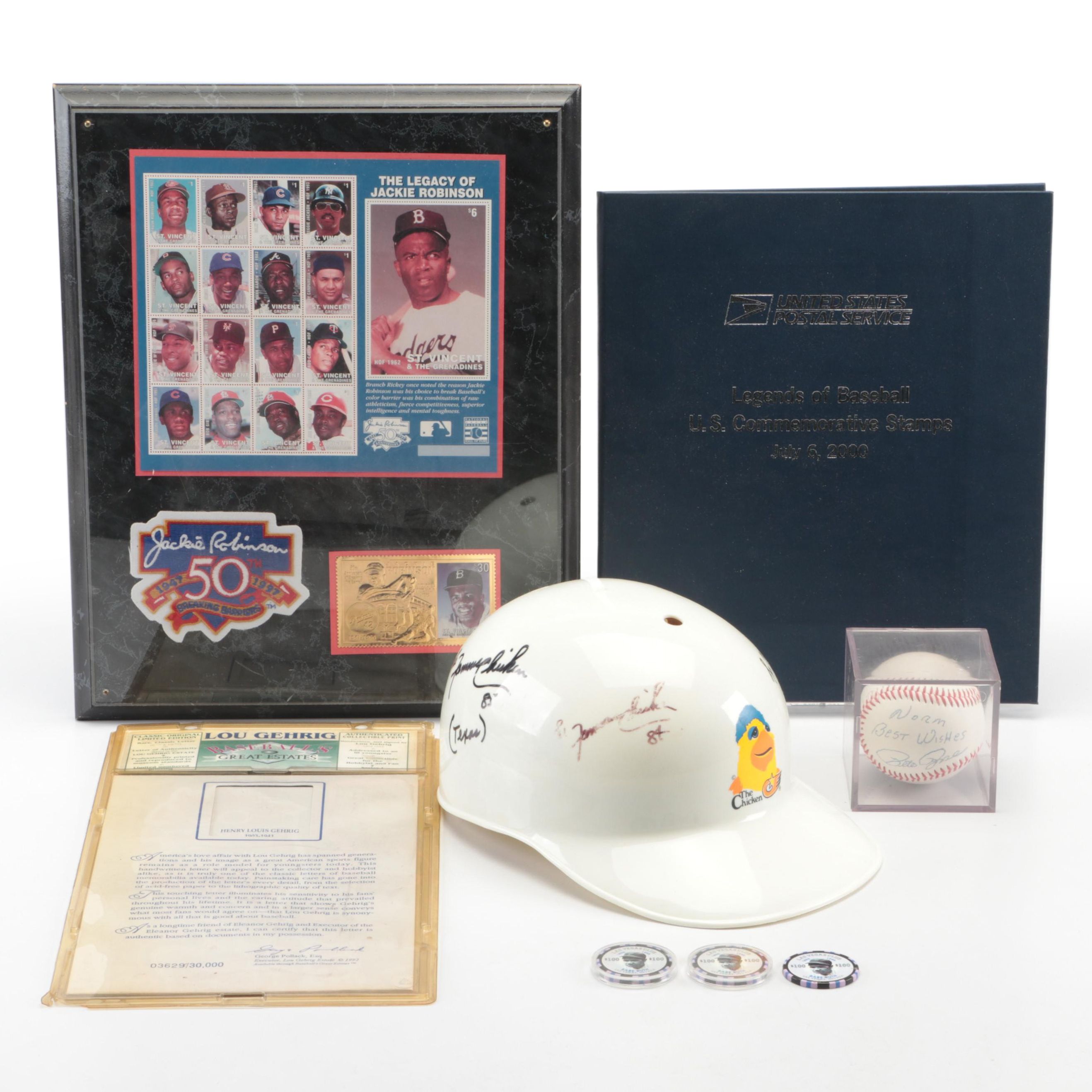 Pete Rose Signed Baseball with Baseball Stamps in Display, and More