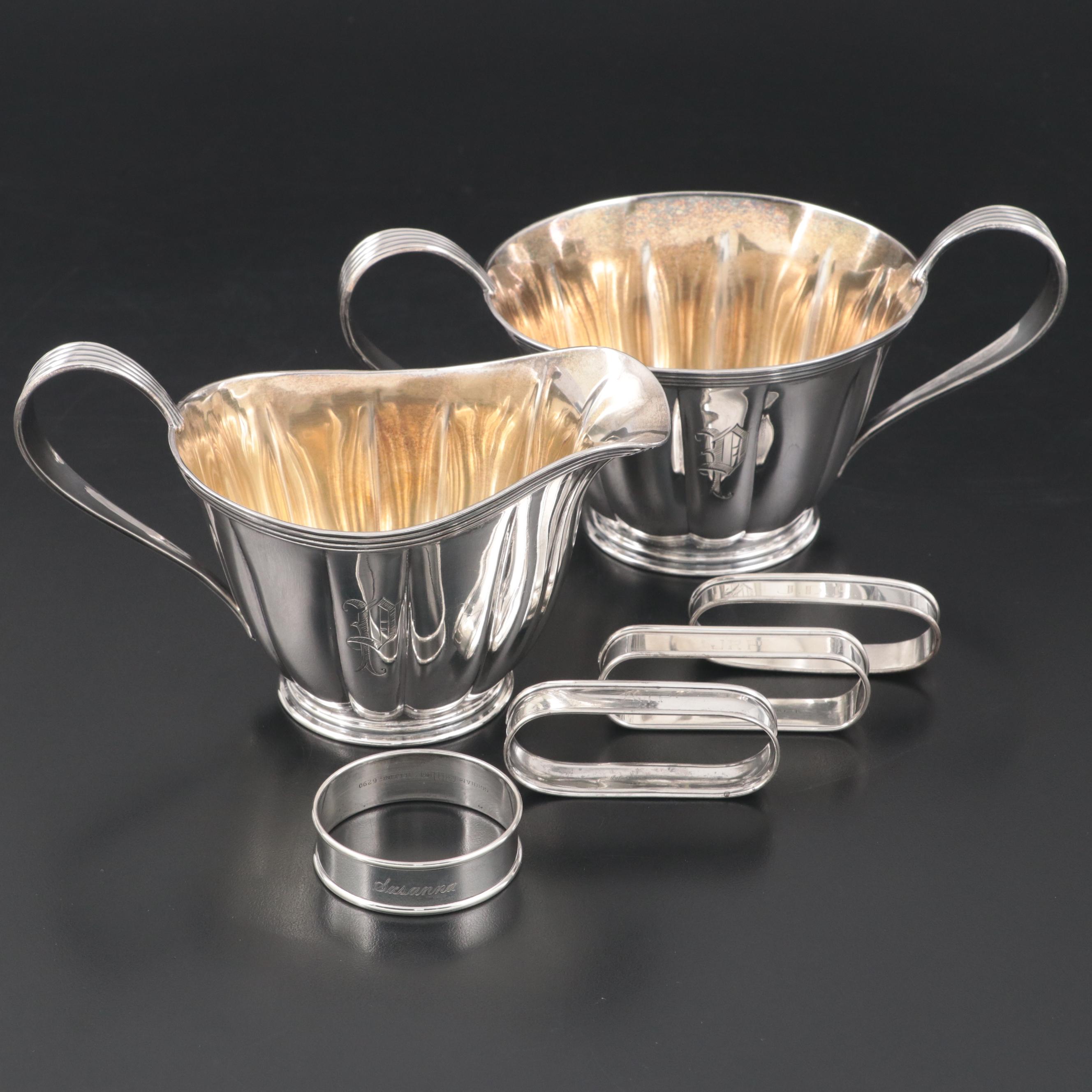 Towle Sterling Silver Creamer and Sugar with Sterling Napkin Rings