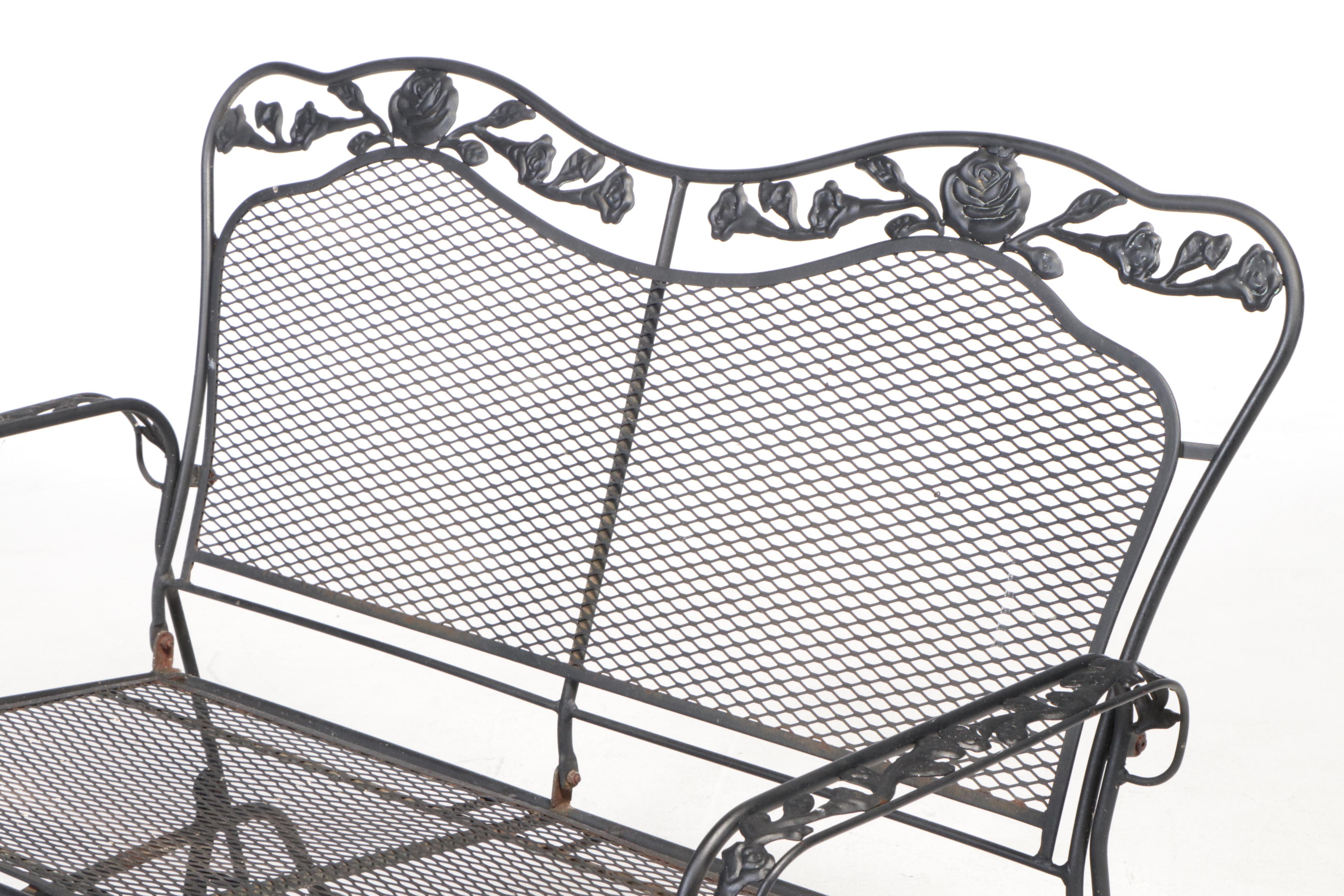 Black-Painted Iron and Wire Mesh Patio Glider