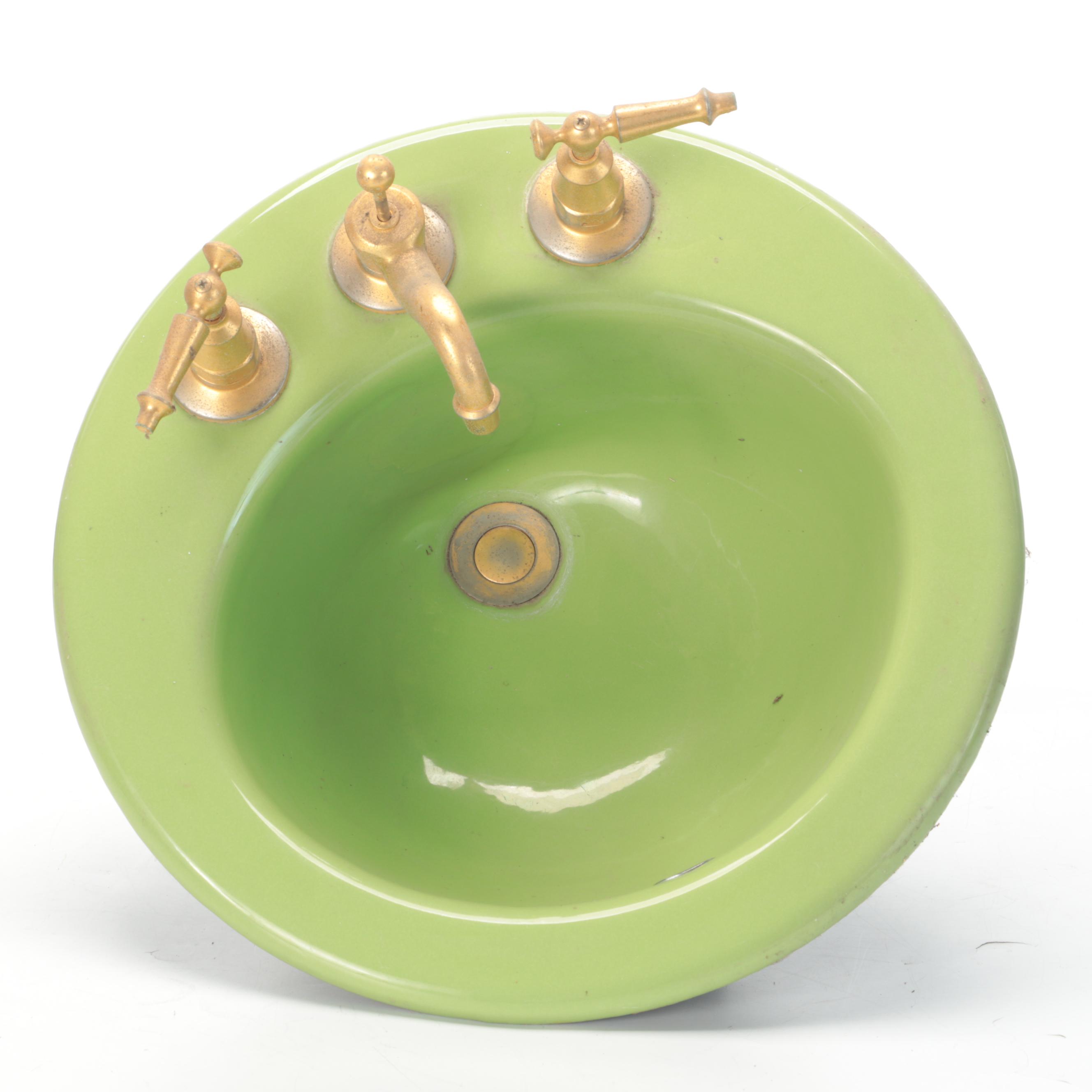 Avocado Green Enameled Cast Iron Bathroom Sink, Mid-20th Century