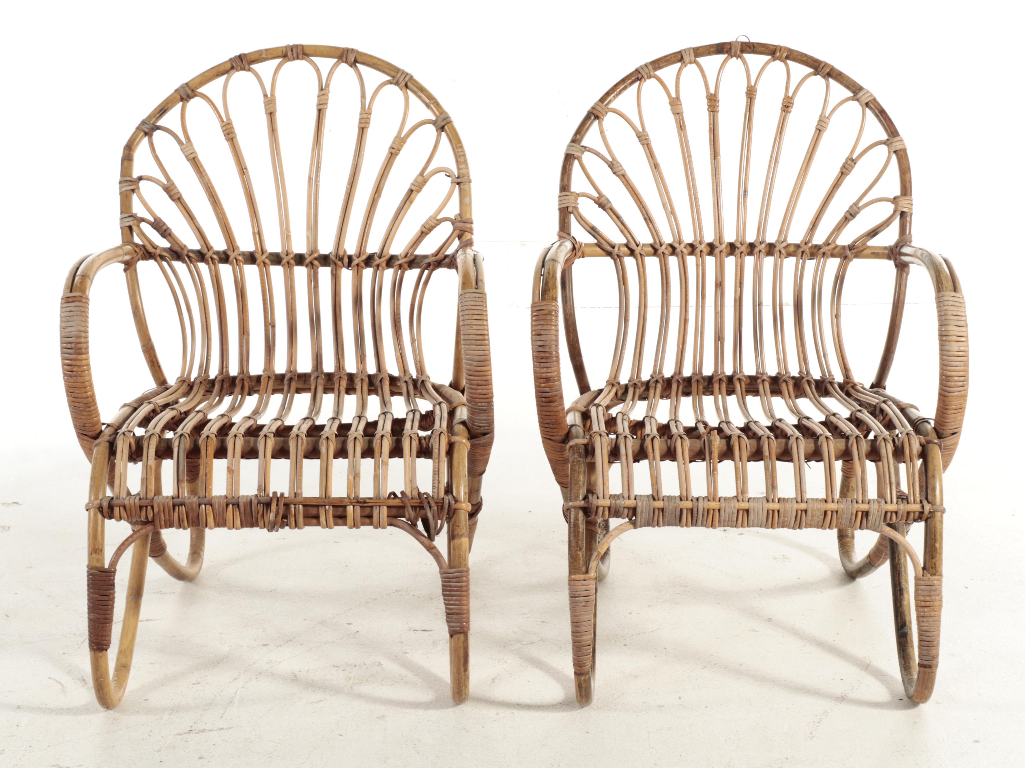 Pair of Mid Century Modern Bent Rattan Lounge Chairs, Manner of Rohé Noordwolde