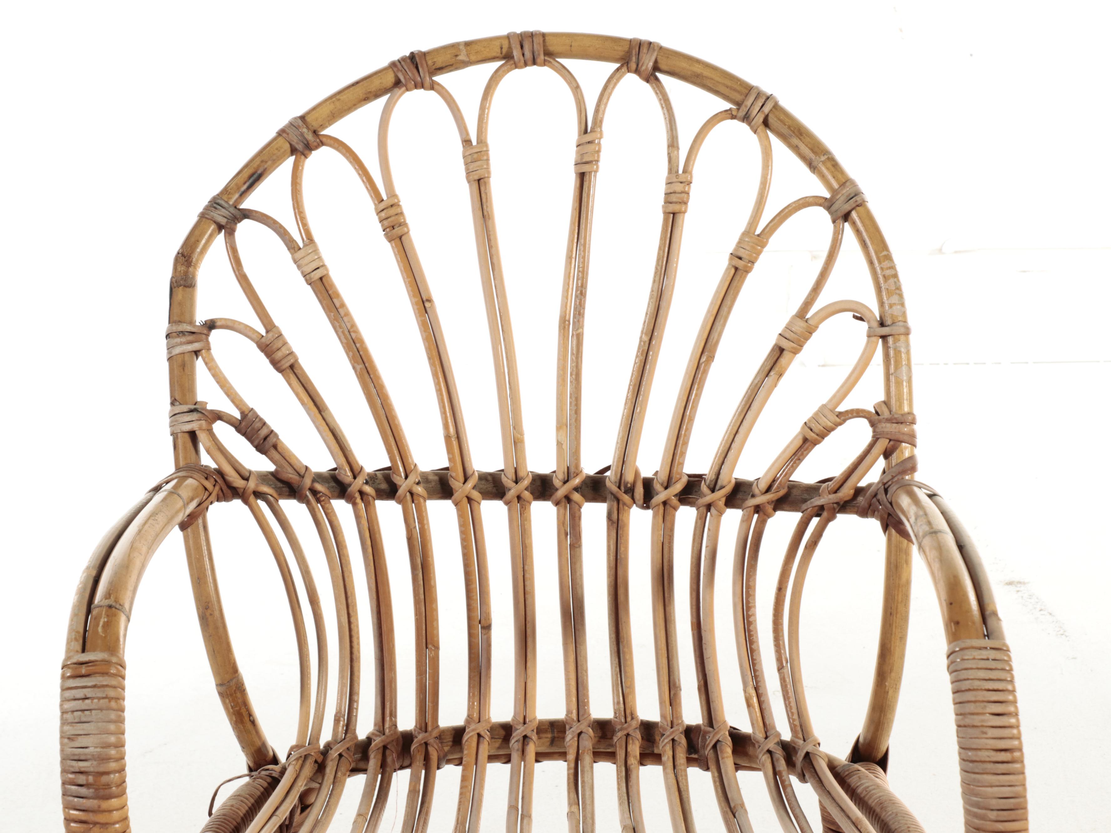 Pair of Mid Century Modern Bent Rattan Lounge Chairs, Manner of Rohé Noordwolde