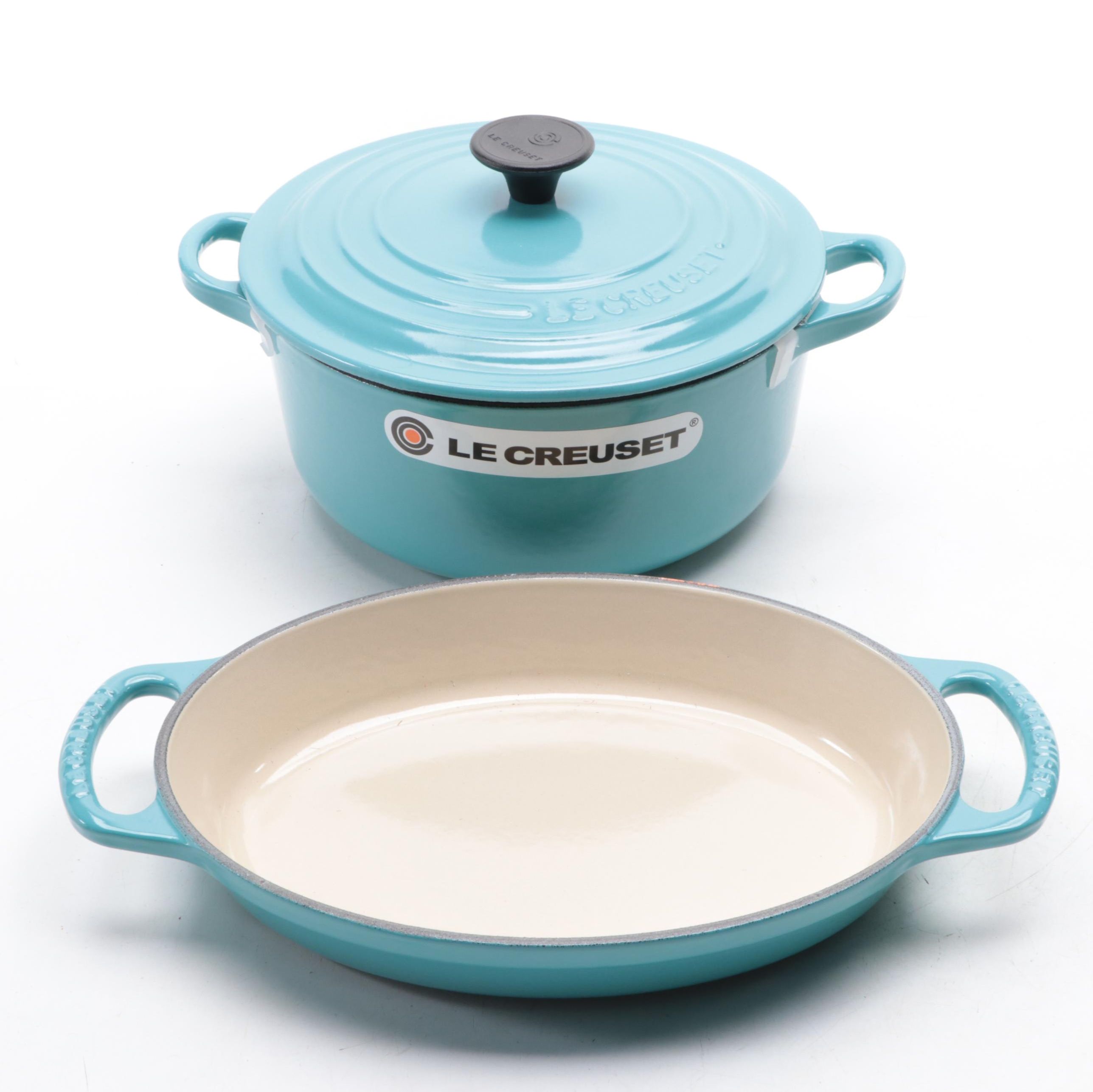 Le Creuset Turquoise Enameled Cast Iron Round Casserole and Signature Oval Baker