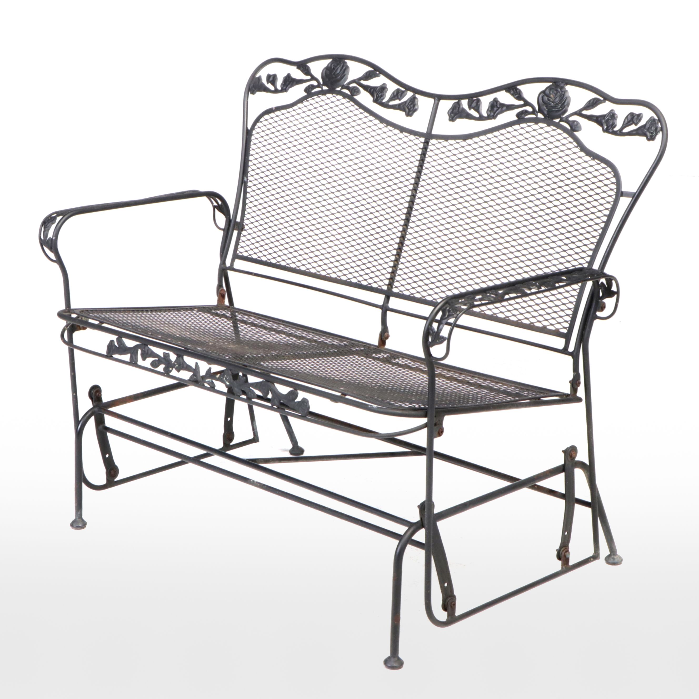 Black-Painted Iron and Wire Mesh Patio Glider