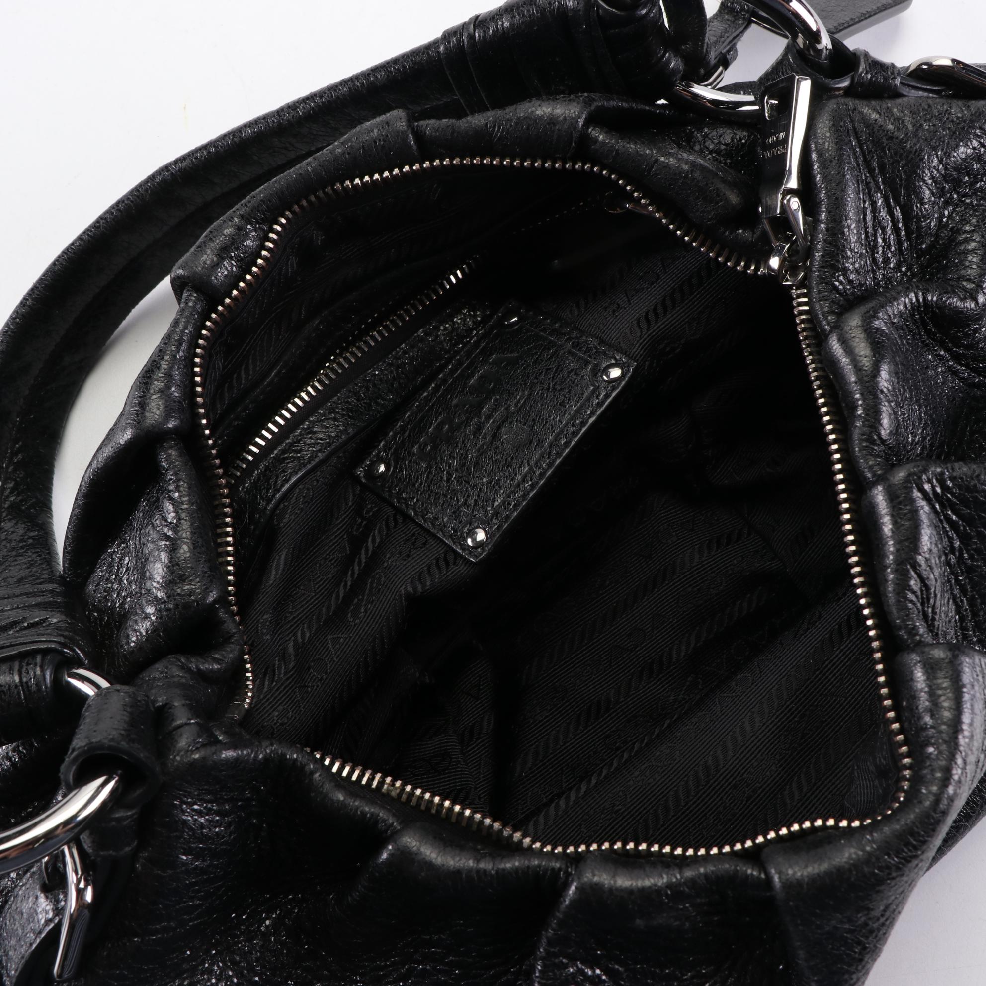 Prada Shoulder Bag in Black Pleated Grained Leather