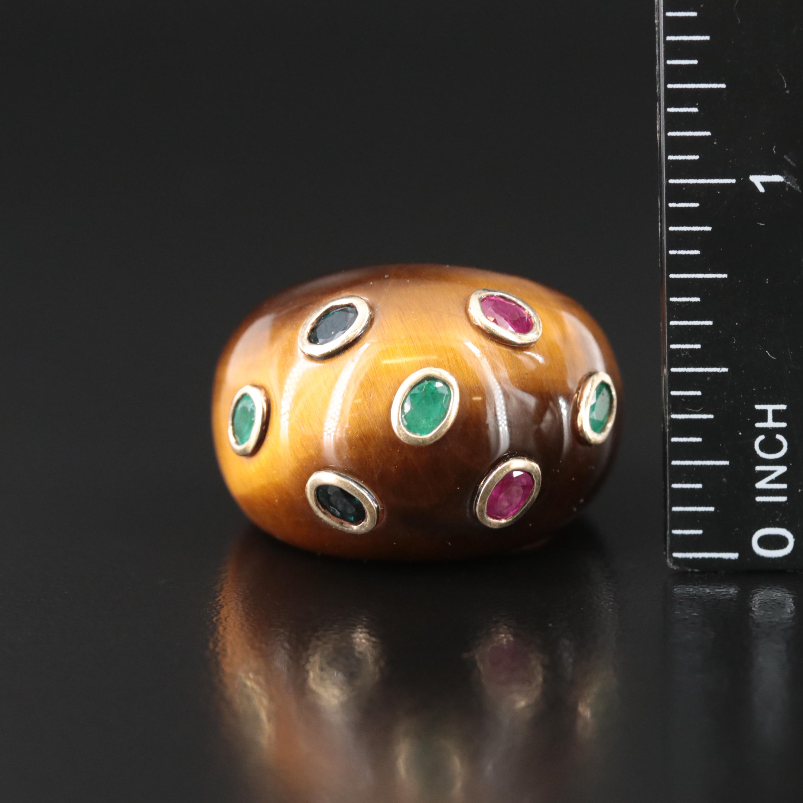 Tiger's Eye, Emerald, Sapphire and Ruby Ring with 18K Accents