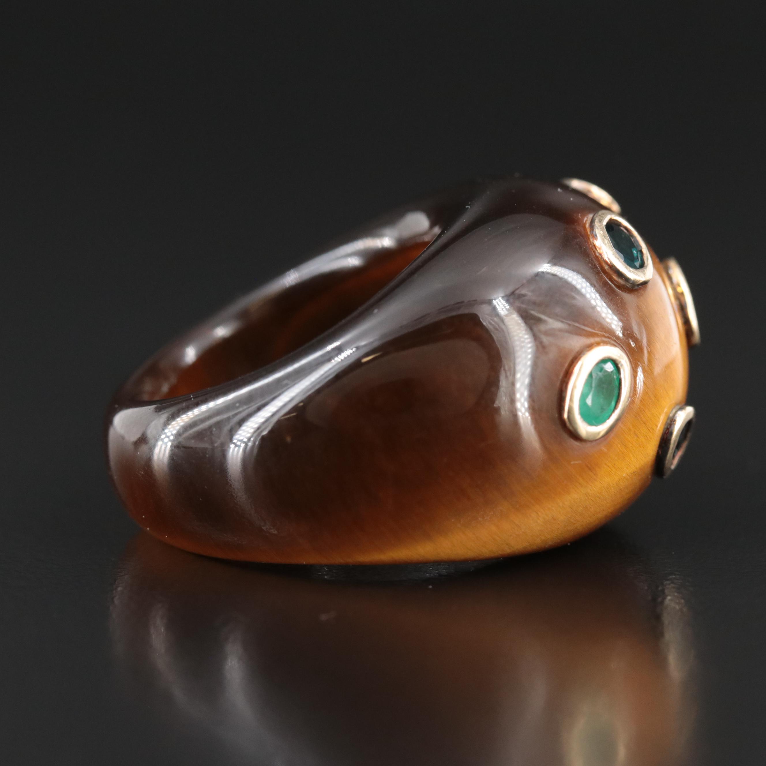 Tiger's Eye, Emerald, Sapphire and Ruby Ring with 18K Accents