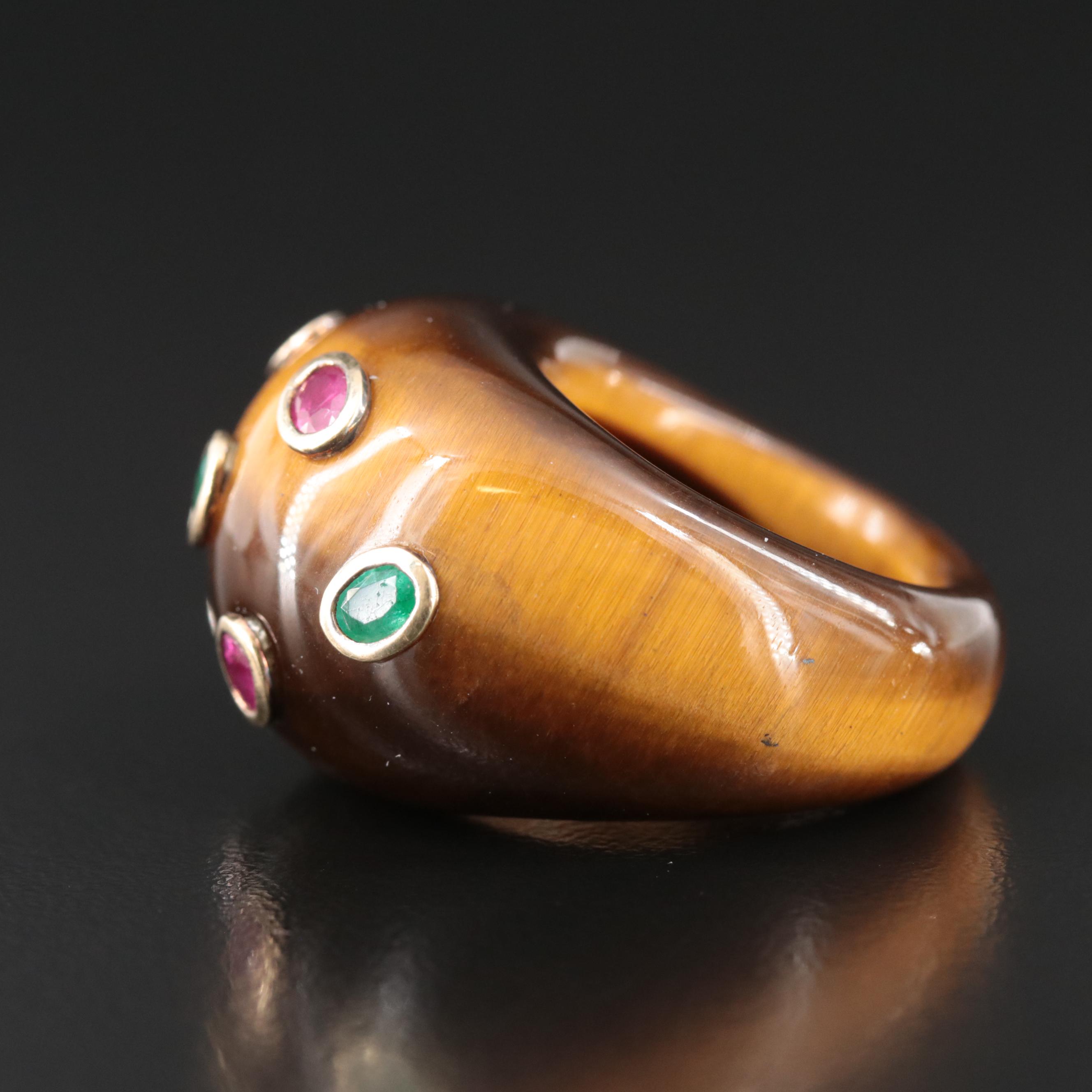 Tiger's Eye, Emerald, Sapphire and Ruby Ring with 18K Accents