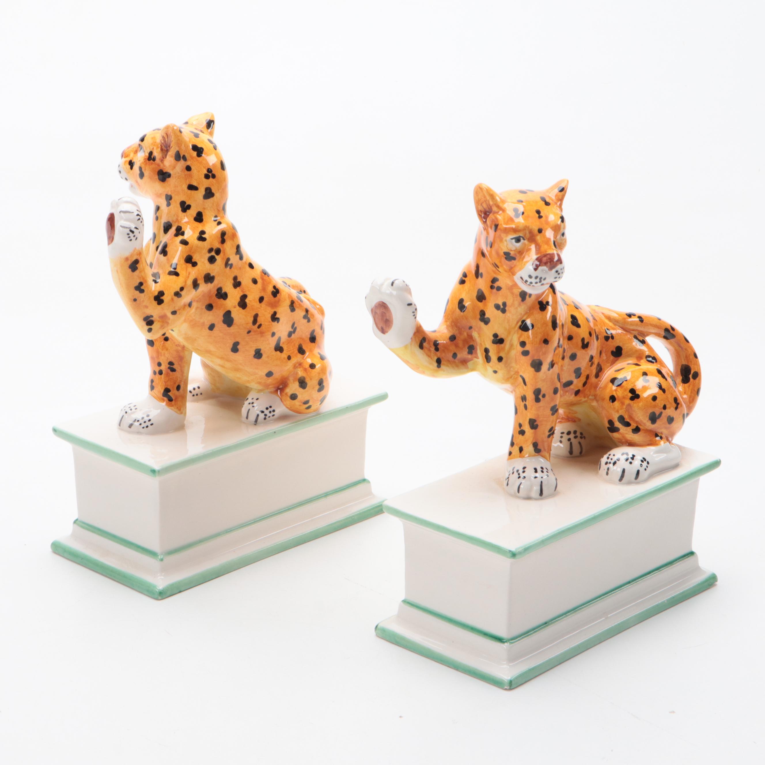 Pair of Eximious Italian Ceramic Leopard Bookends