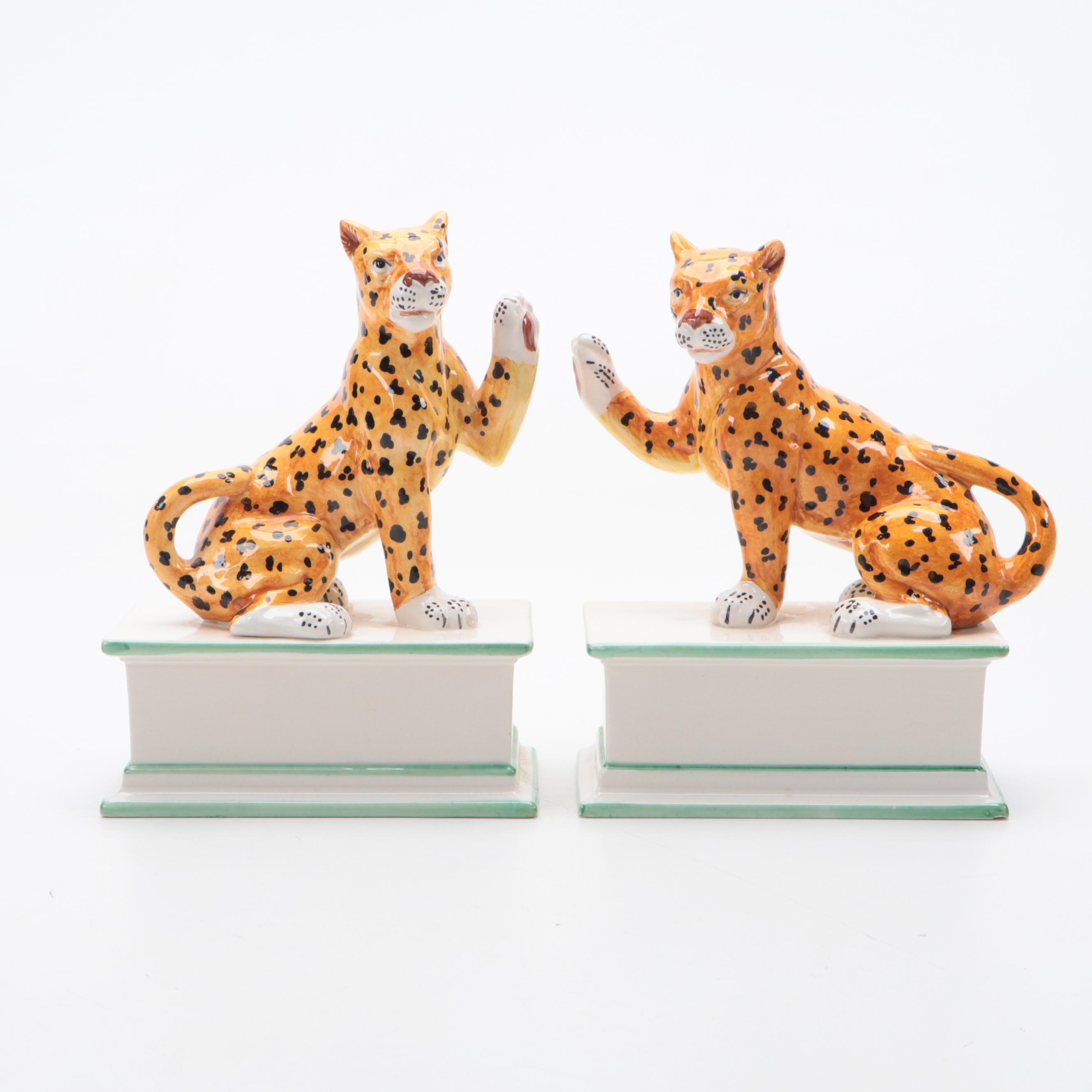 Pair of Eximious Italian Ceramic Leopard Bookends