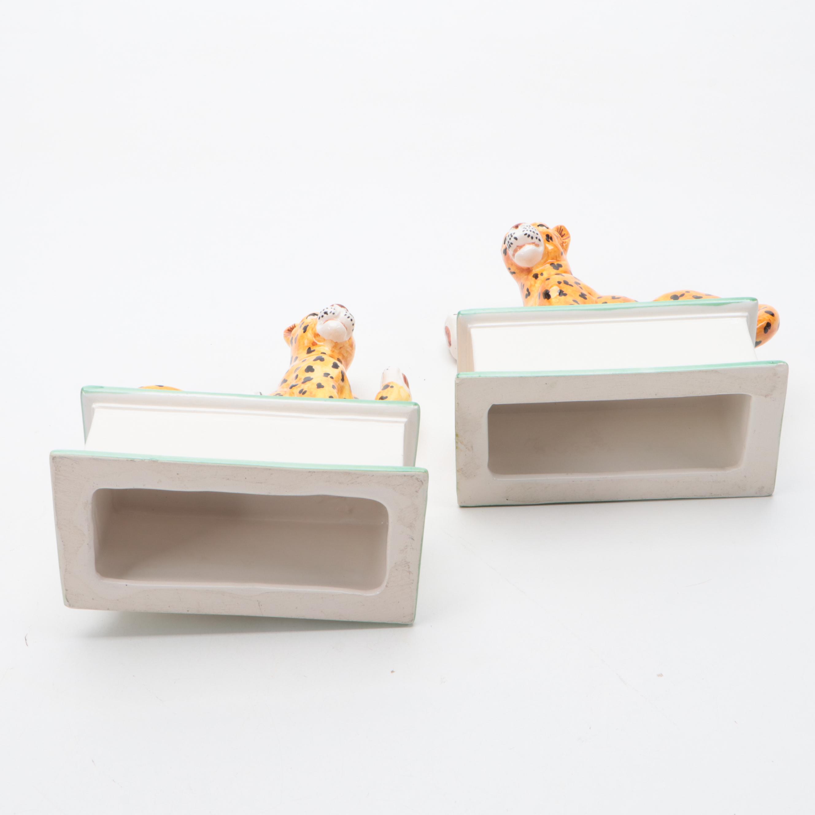 Pair of Eximious Italian Ceramic Leopard Bookends