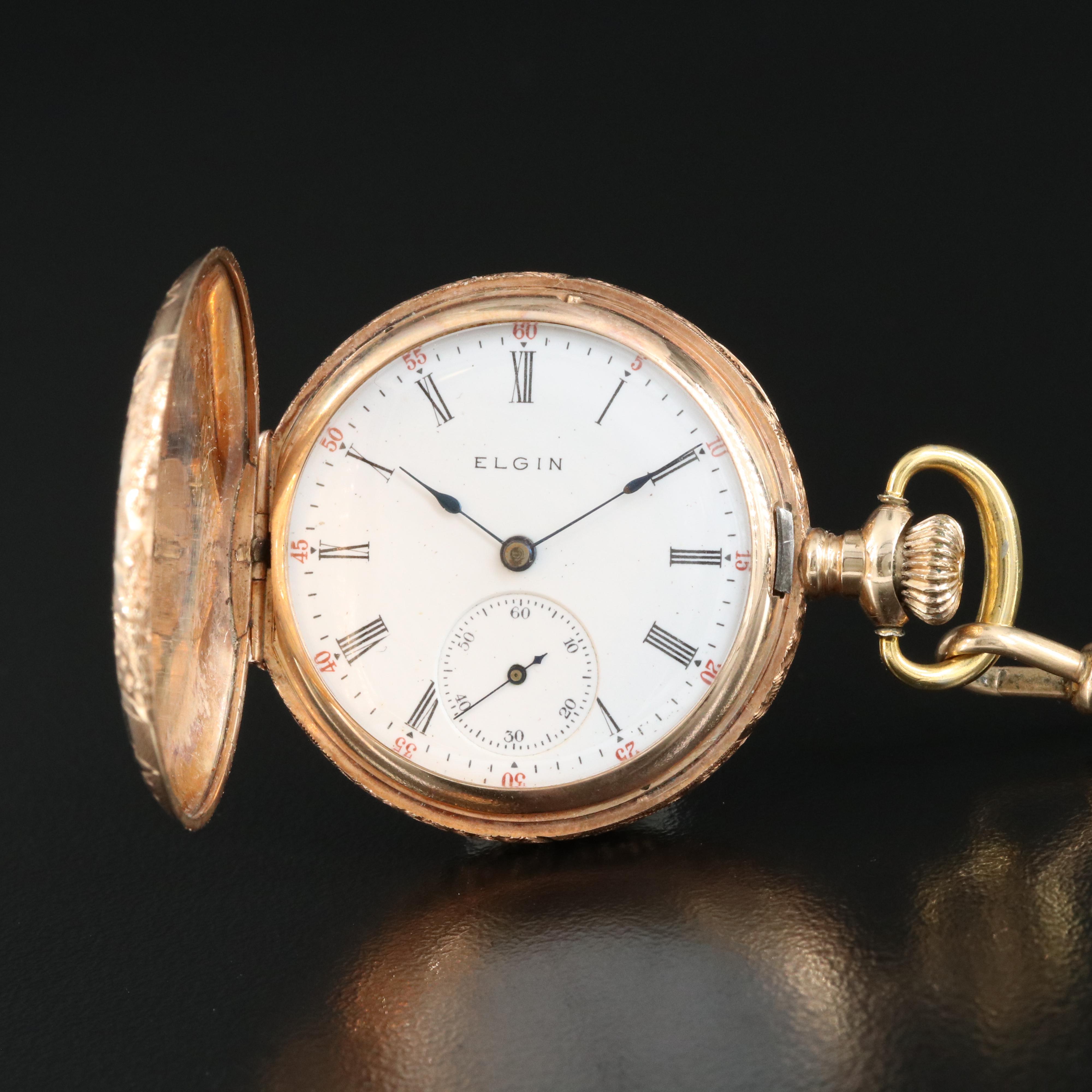 1905 14K Elgin Hunting Case Pocket Watch with Fob Chain