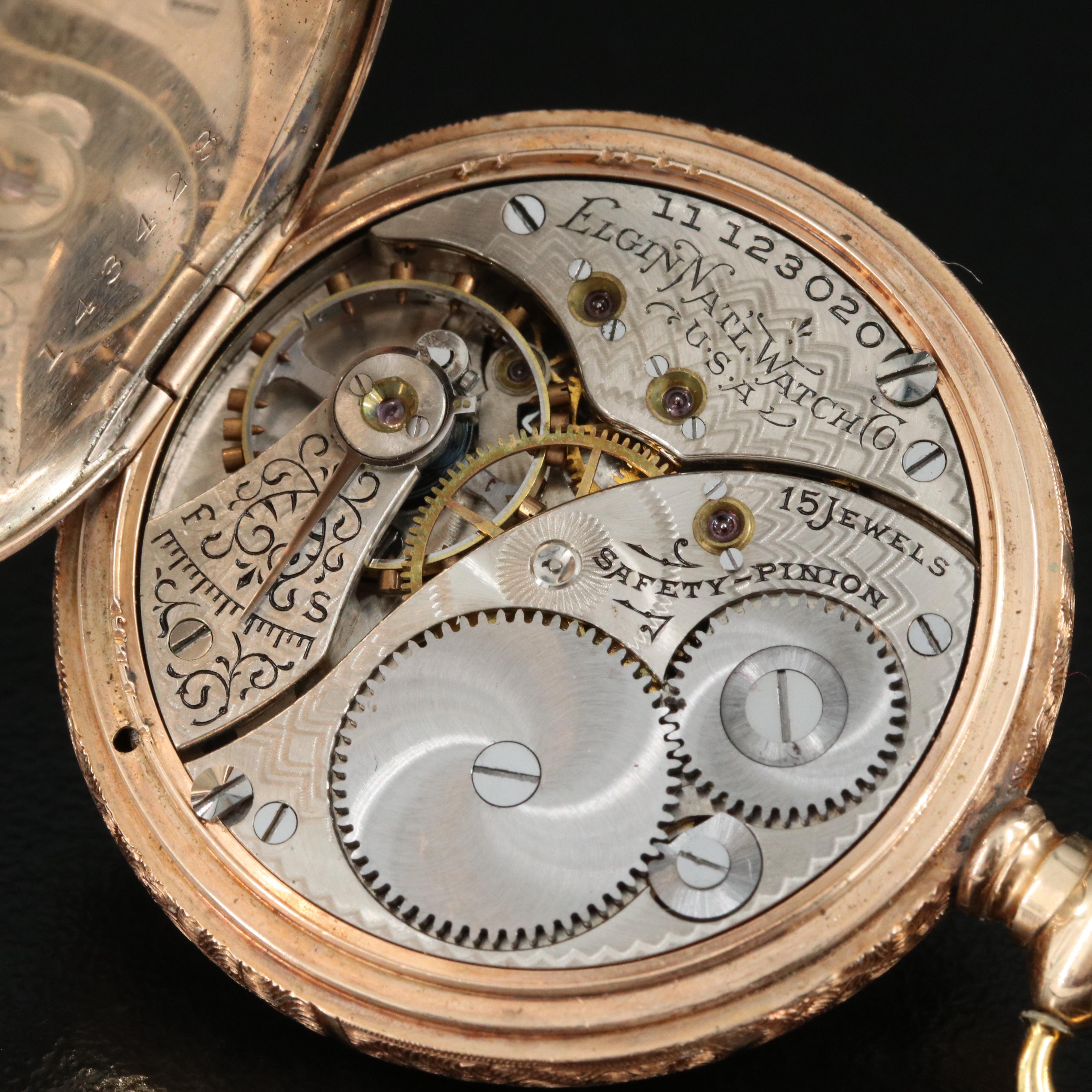 1905 14K Elgin Hunting Case Pocket Watch with Fob Chain