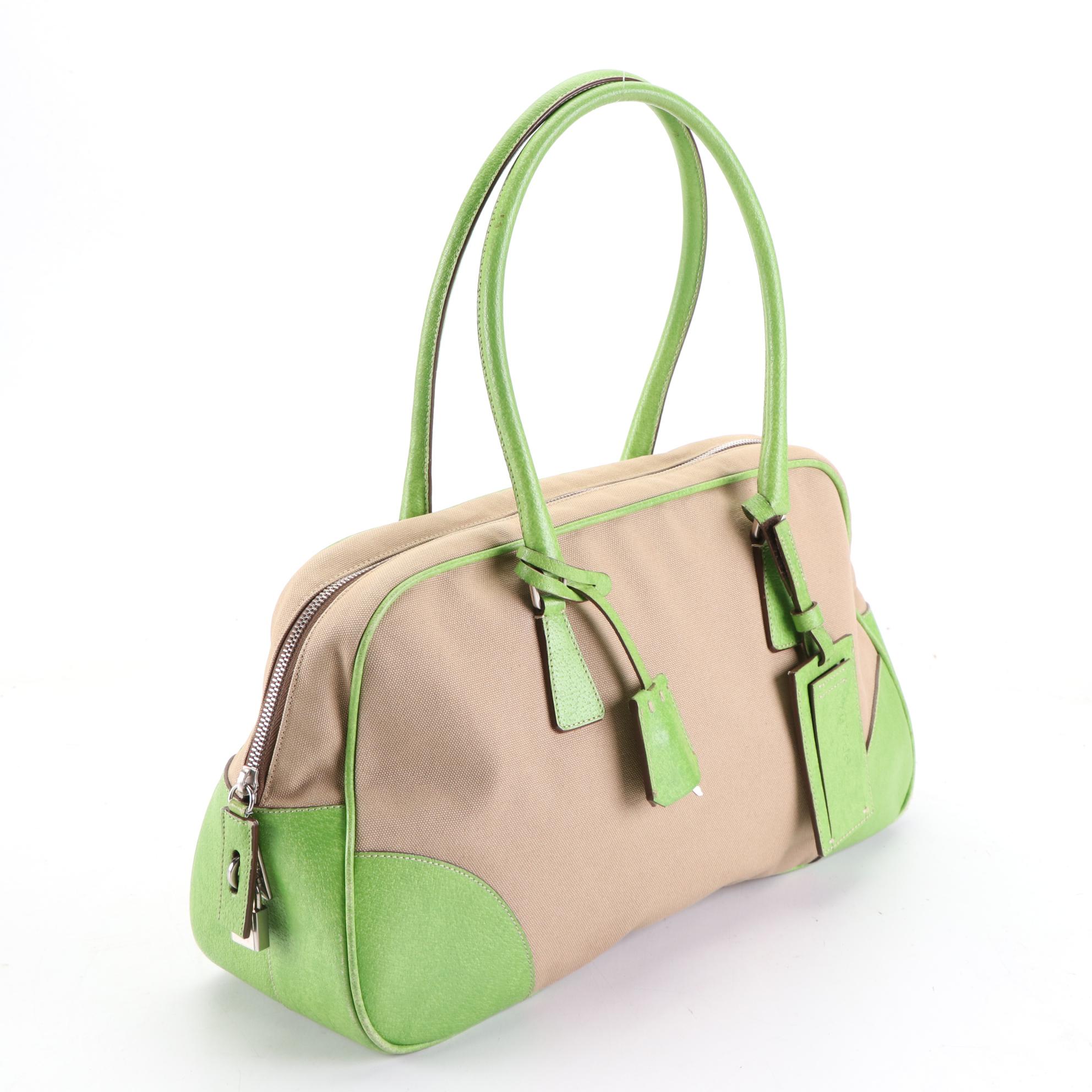 Prada Bowler Bag in Tan Canvas and Green Leather Trim