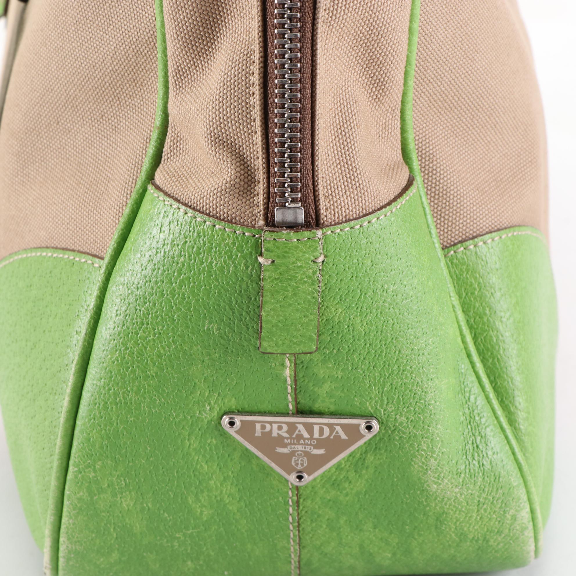Prada Bowler Bag in Tan Canvas and Green Leather Trim