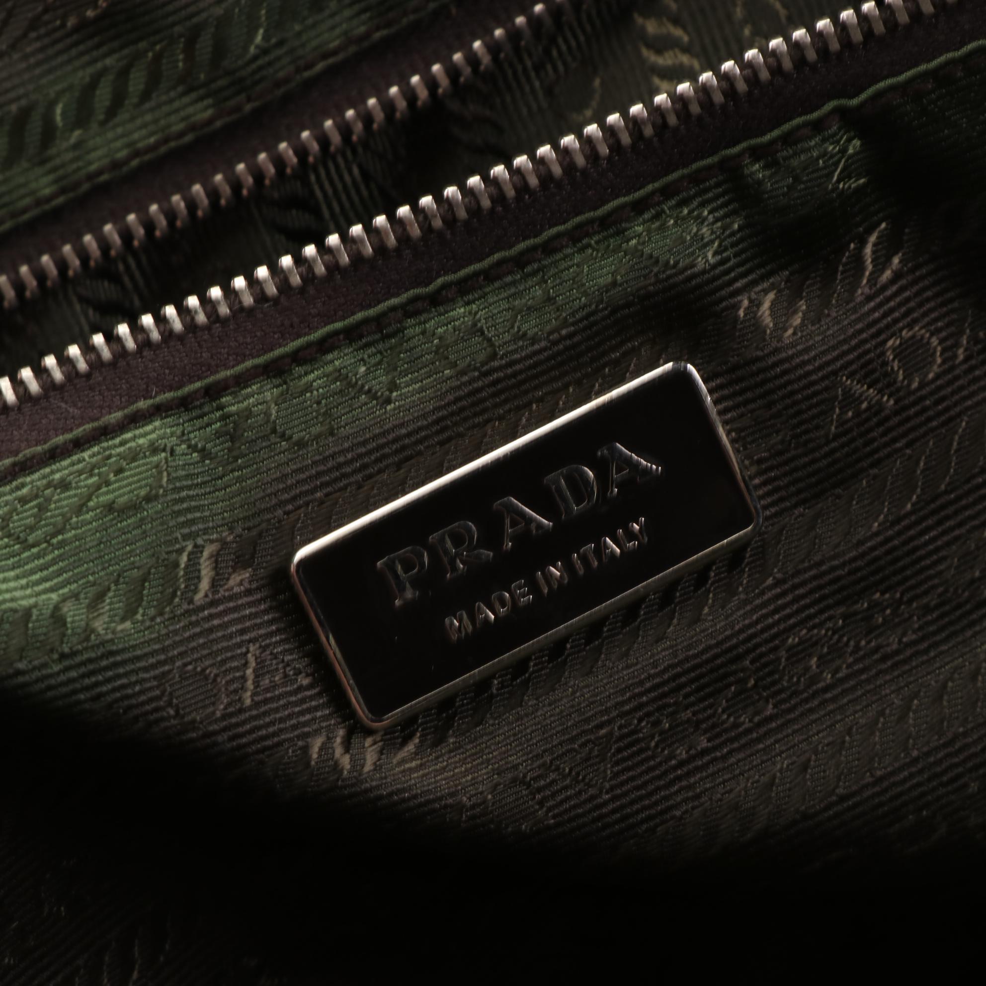 Prada Bowler Bag in Tan Canvas and Green Leather Trim