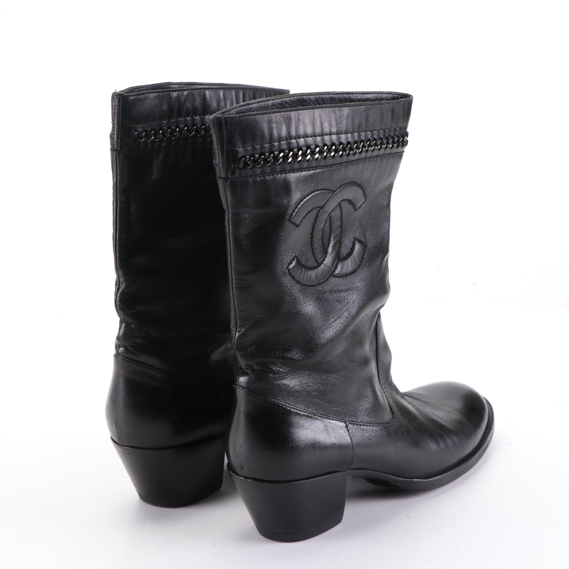 Chanel Western Heel Lambskin Leather Logo Boots with Chain Trim