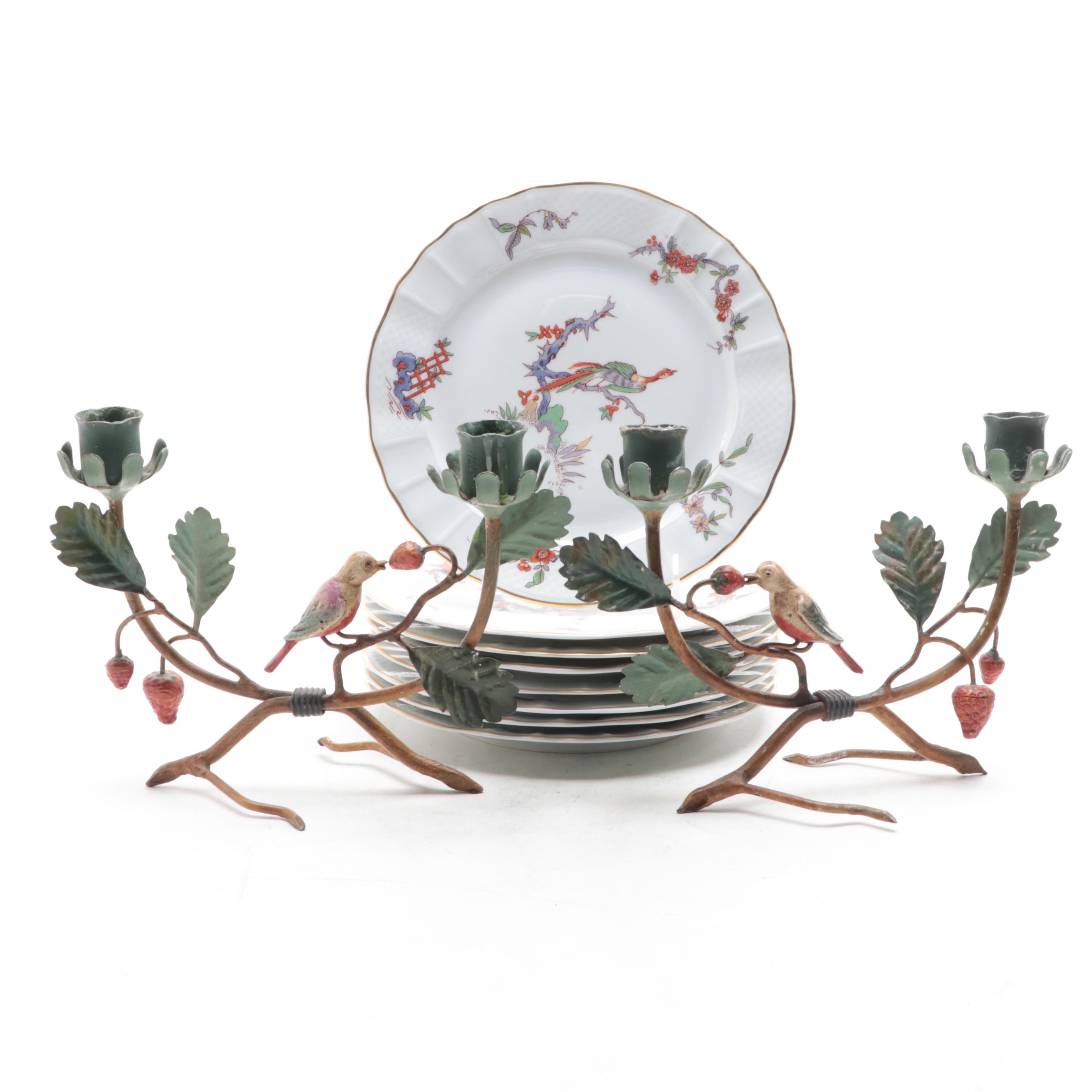 L. Bernardaud & Co. Limoges Porcelain "Conde" Plates with Tole Candle Holders
