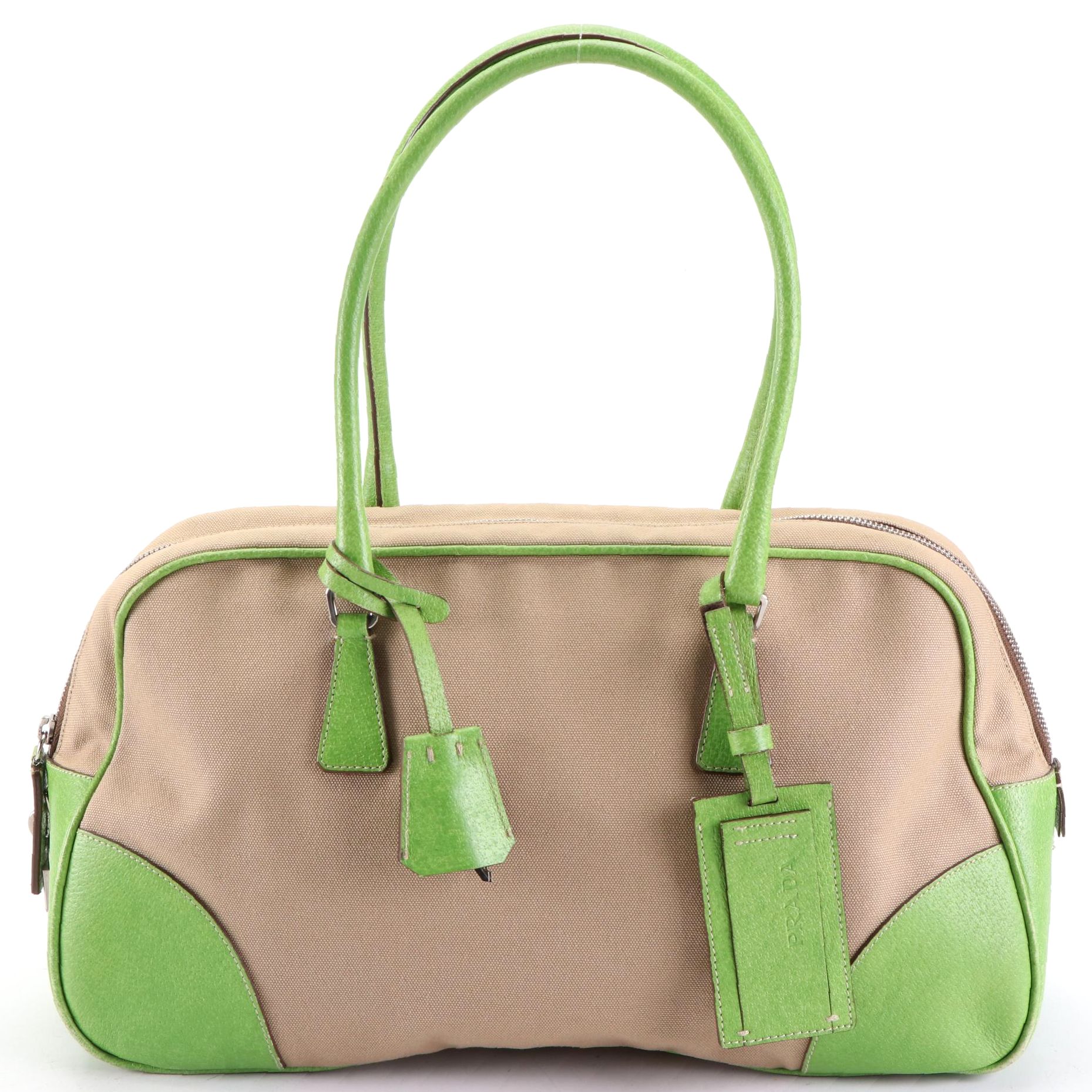 Prada Bowler Bag in Tan Canvas and Green Leather Trim