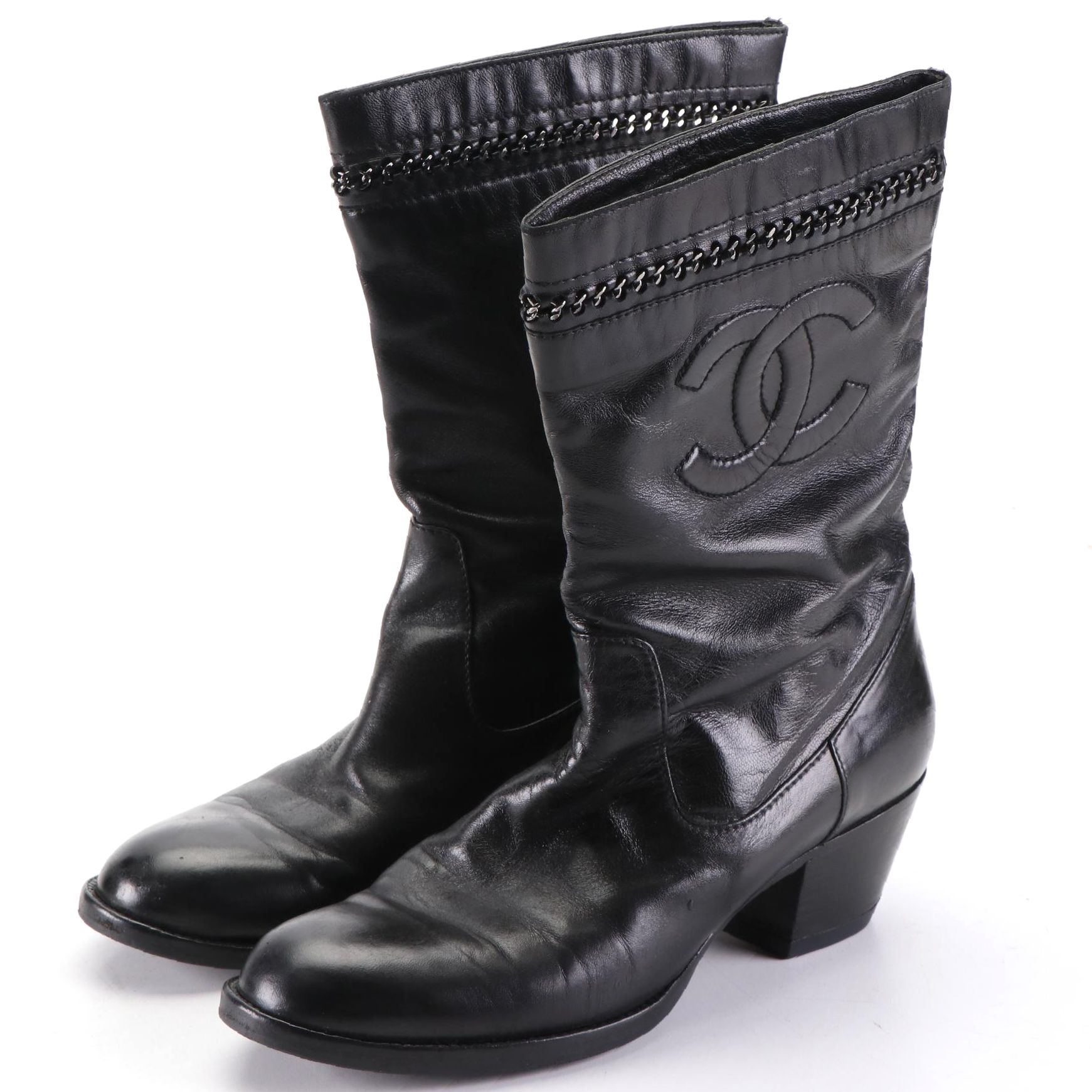 Chanel Western Heel Lambskin Leather Logo Boots with Chain Trim