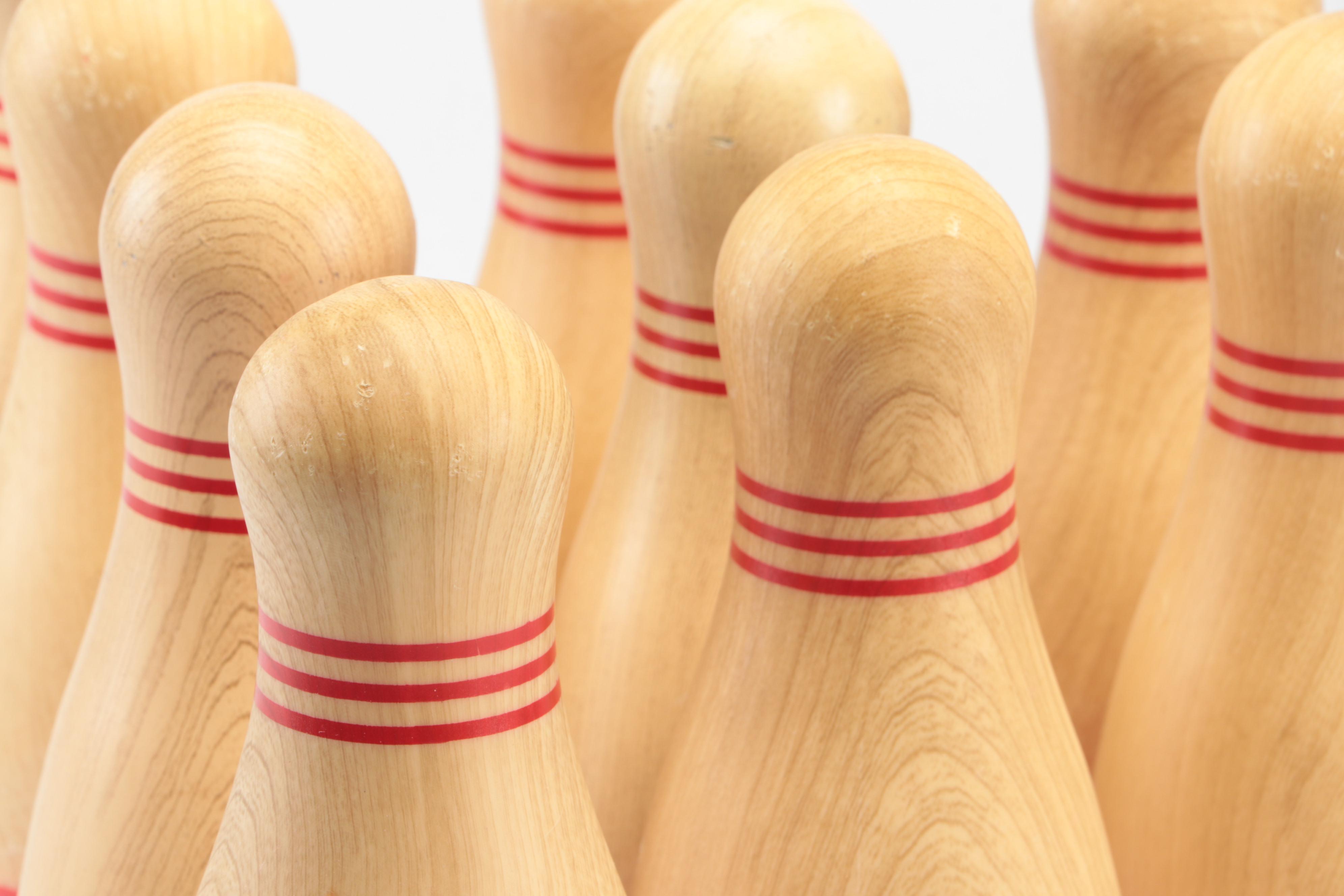 Ash Wood and Red Acrylic Lawn Bowling Pins and Balls With Case