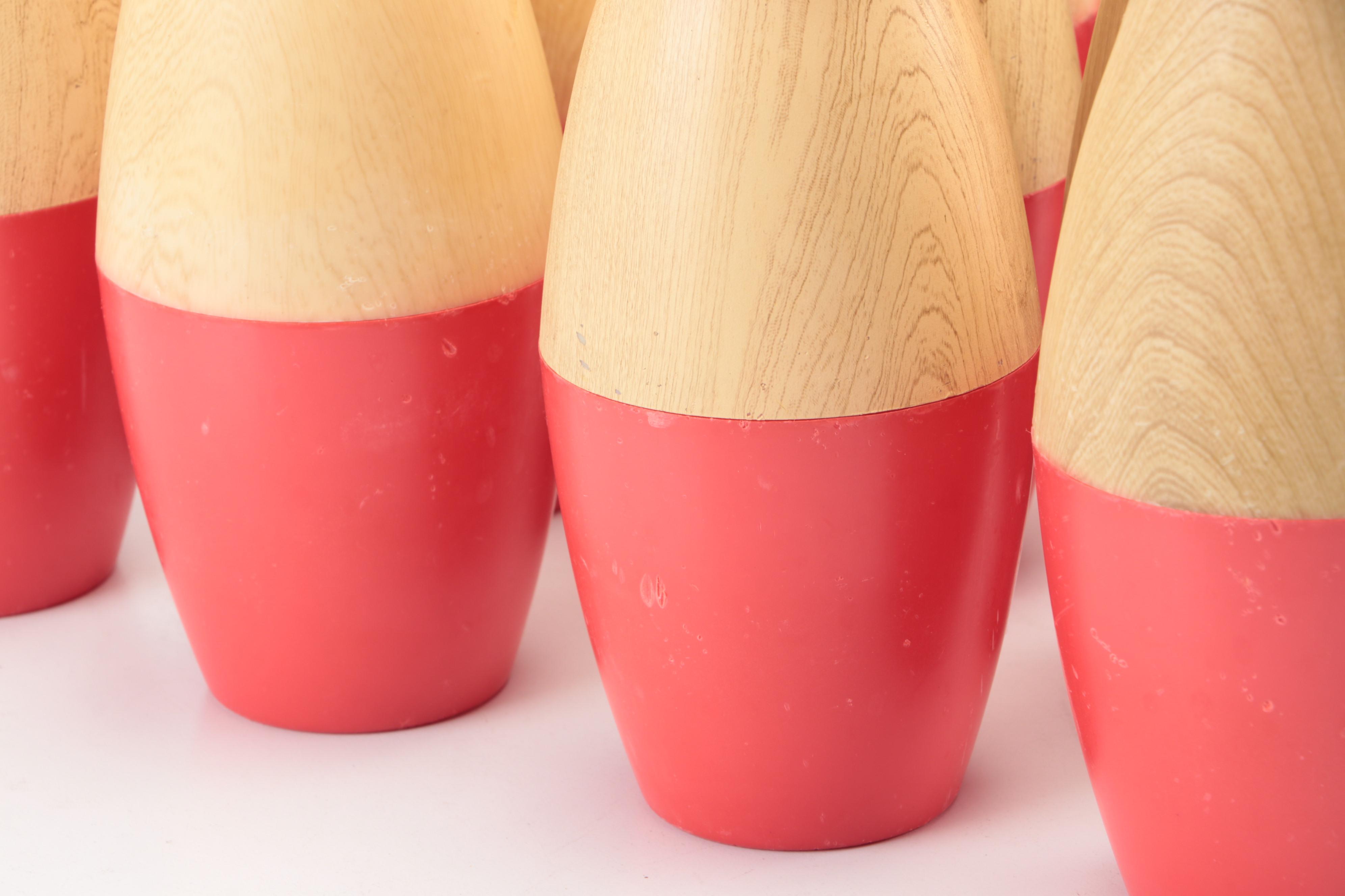 Ash Wood and Red Acrylic Lawn Bowling Pins and Balls With Case