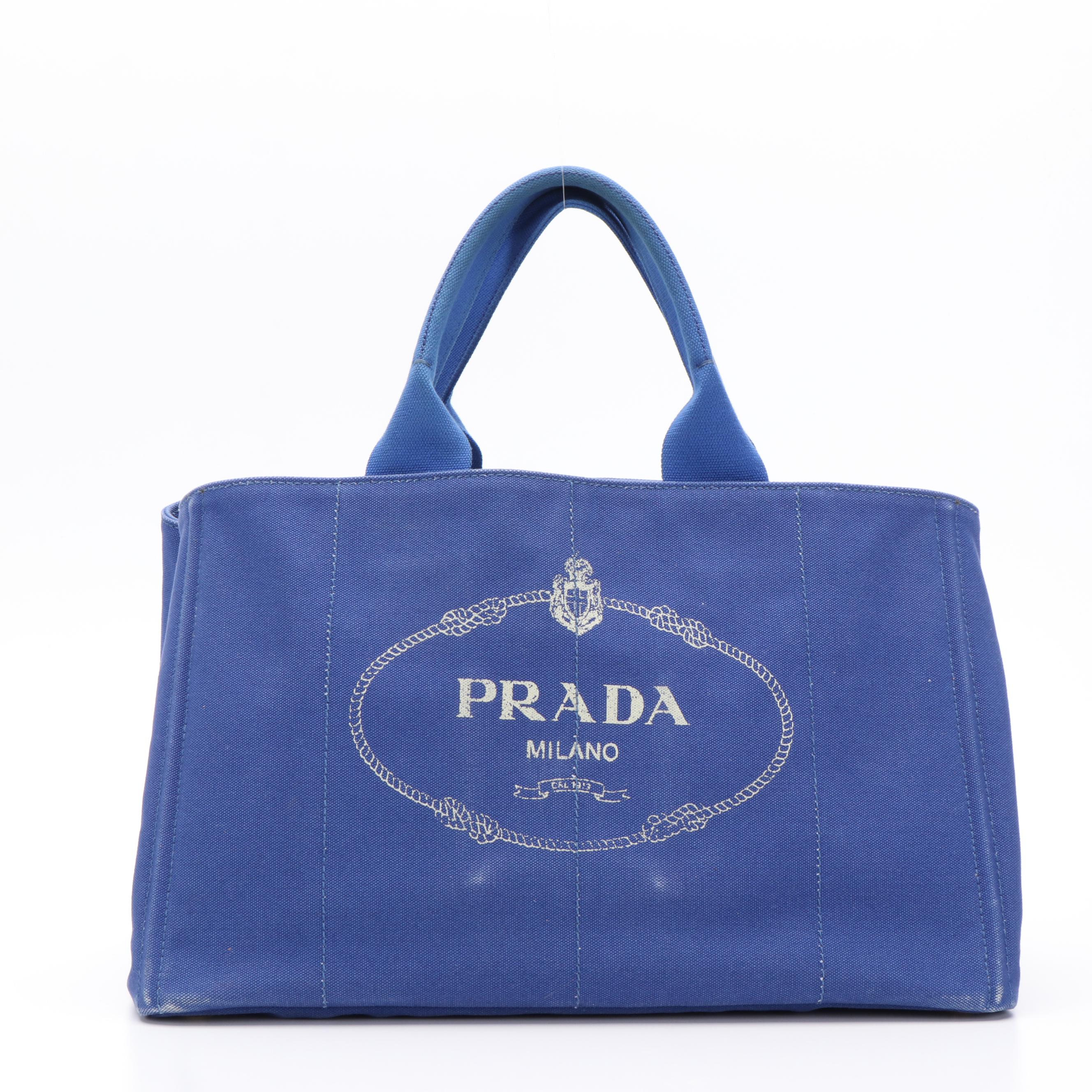 Prada Cobalt Blue Canapa Logo Canvas Tote Bag