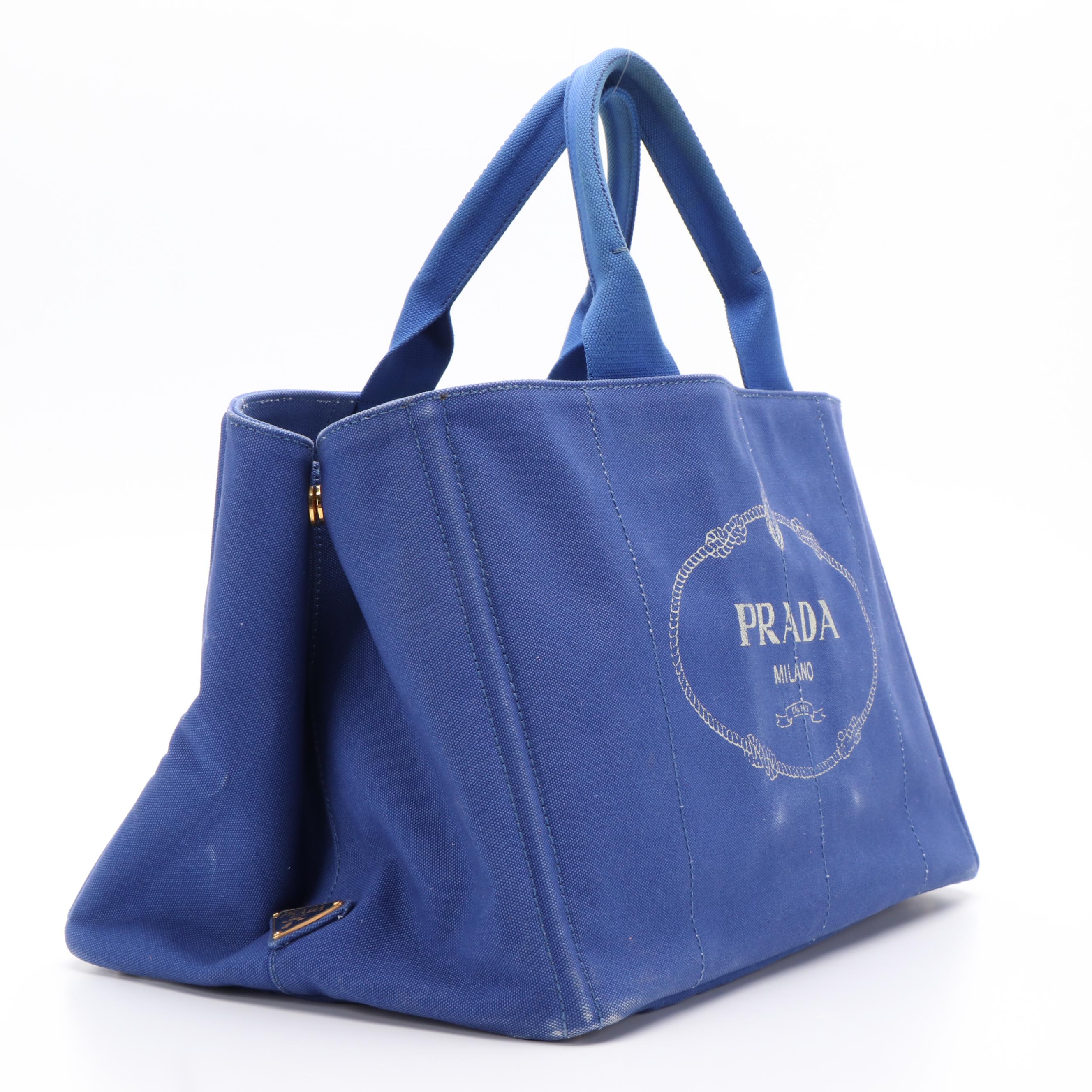 Prada Cobalt Blue Canapa Logo Canvas Tote Bag