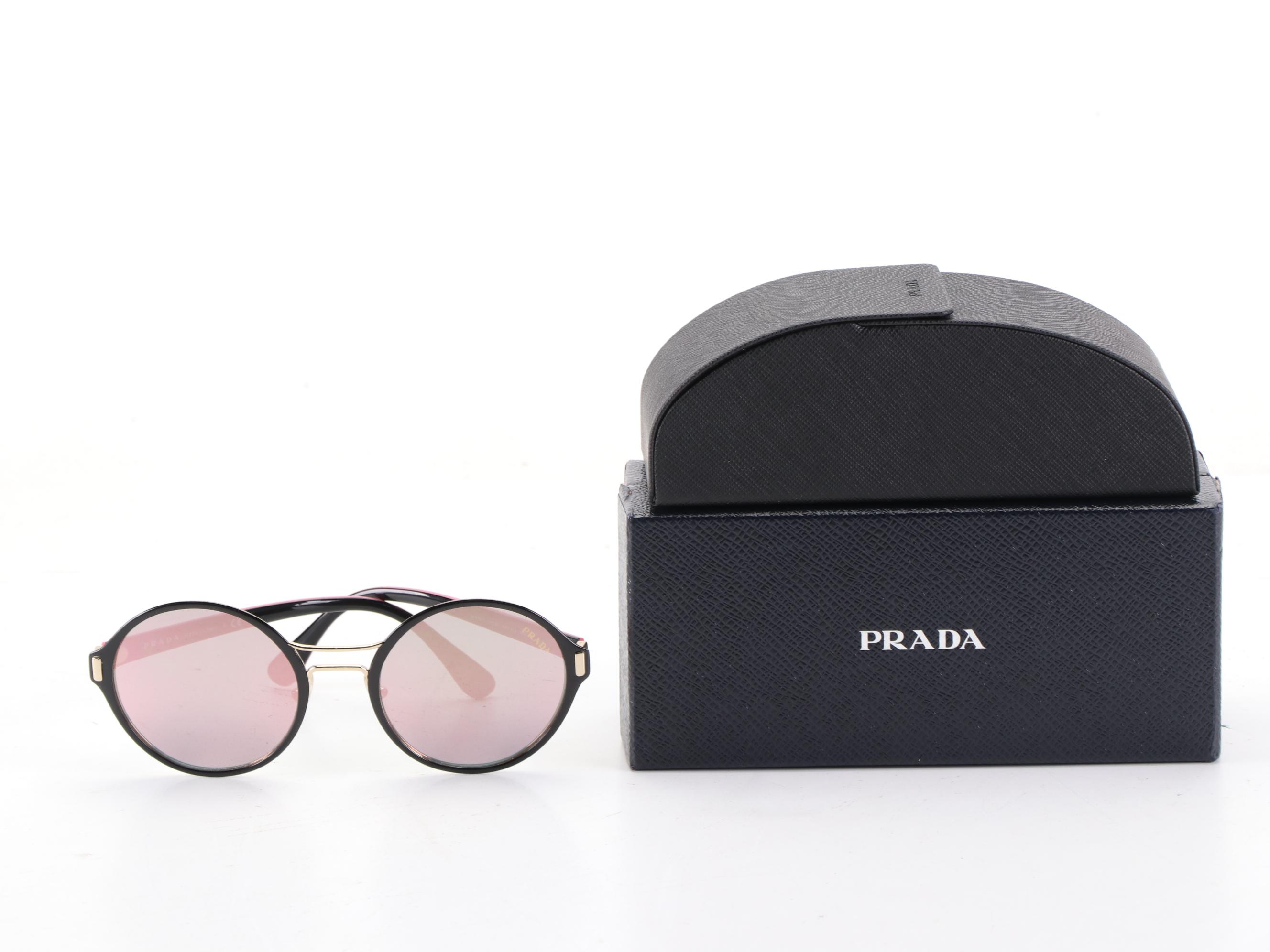 Prada SPR57T Round Sunglasses in Black and Pink with Case and Box
