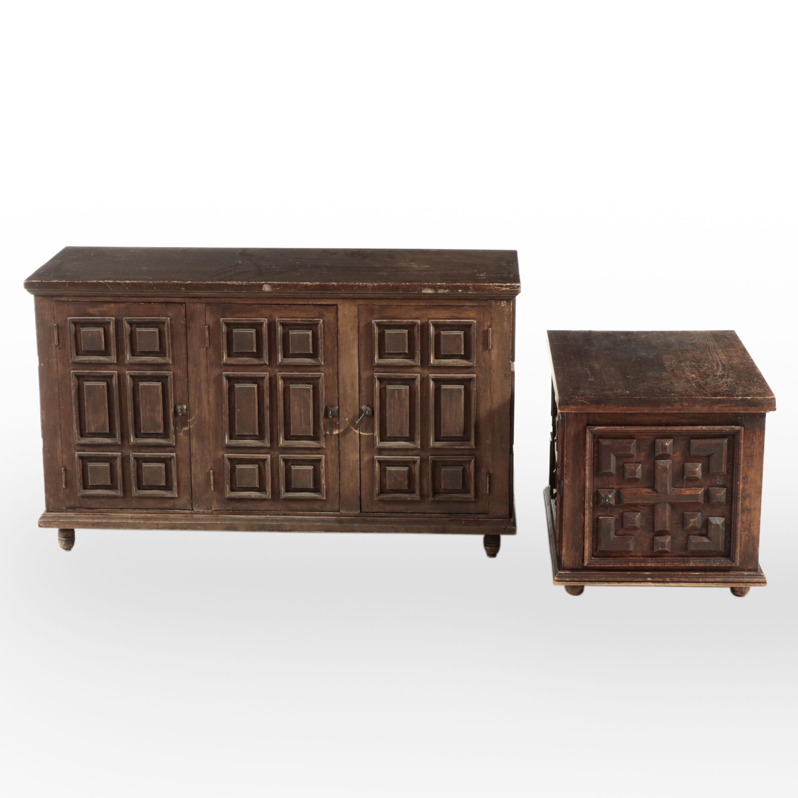 Mediterranean Style Wooden Credenza and End Table, Mid to Late 20th Century