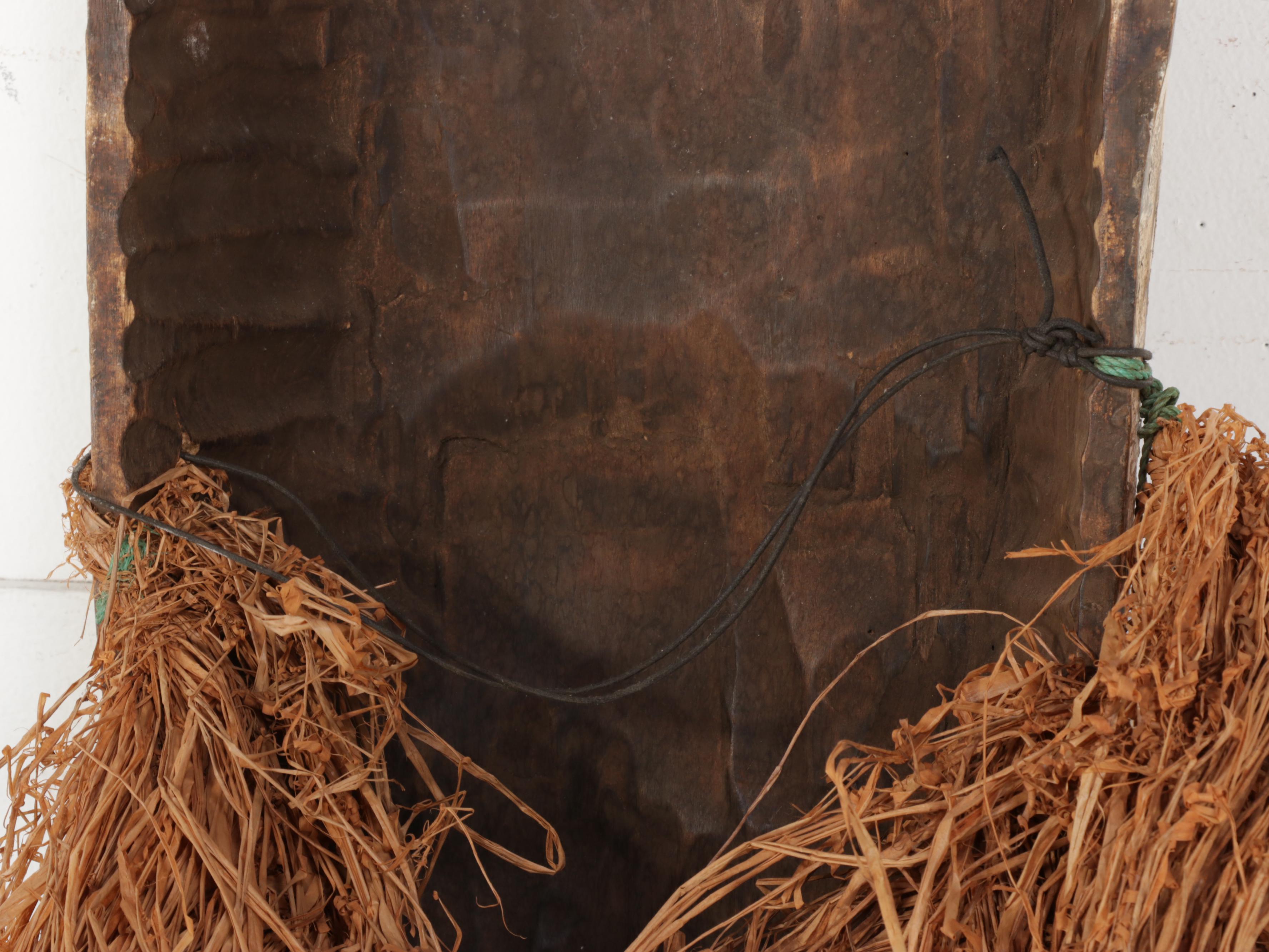 West African Fang Style Carved and Pigmented Mask with Raffia