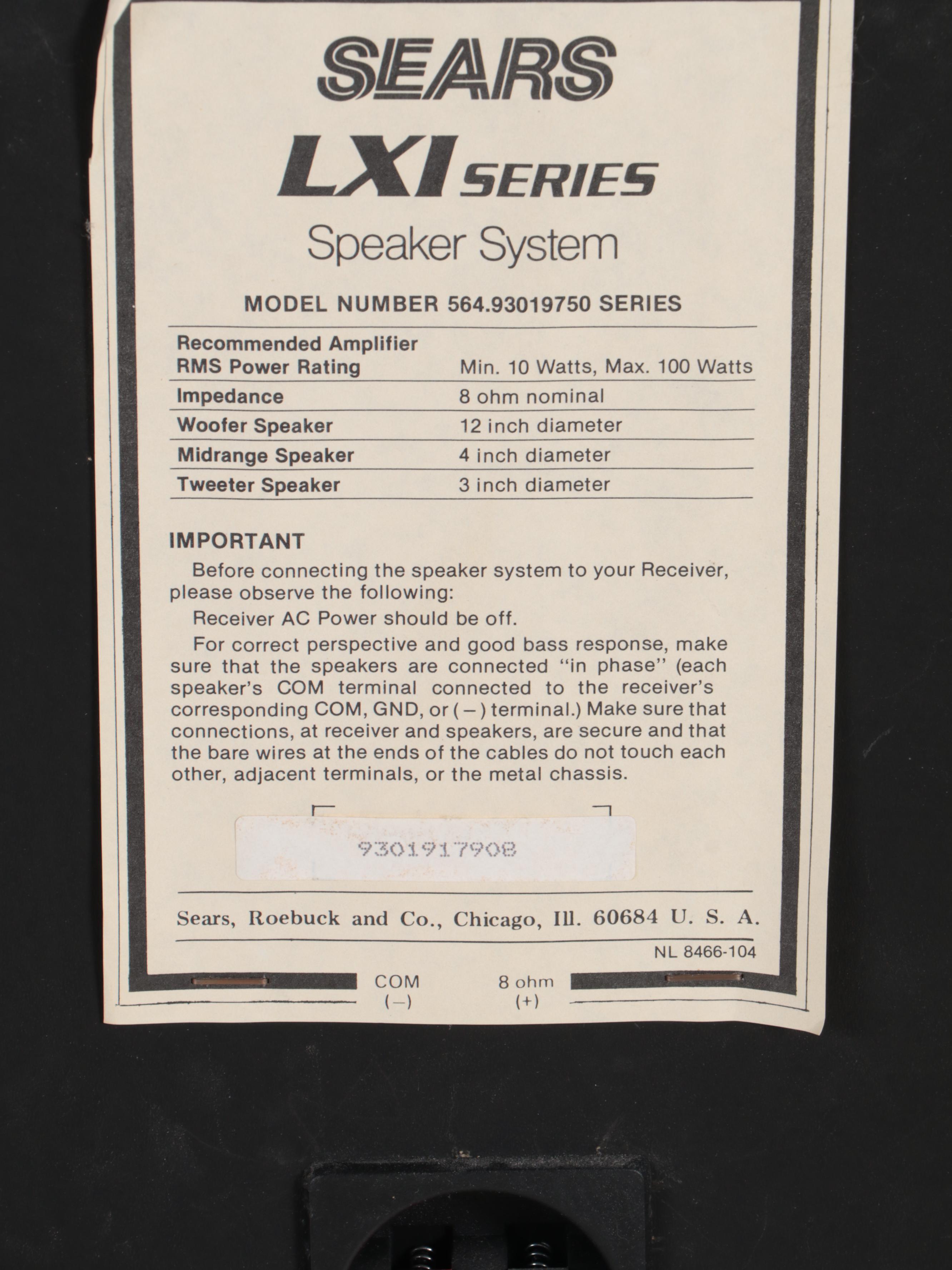 Sears LXI Series Receiver and 3 Way Speakers