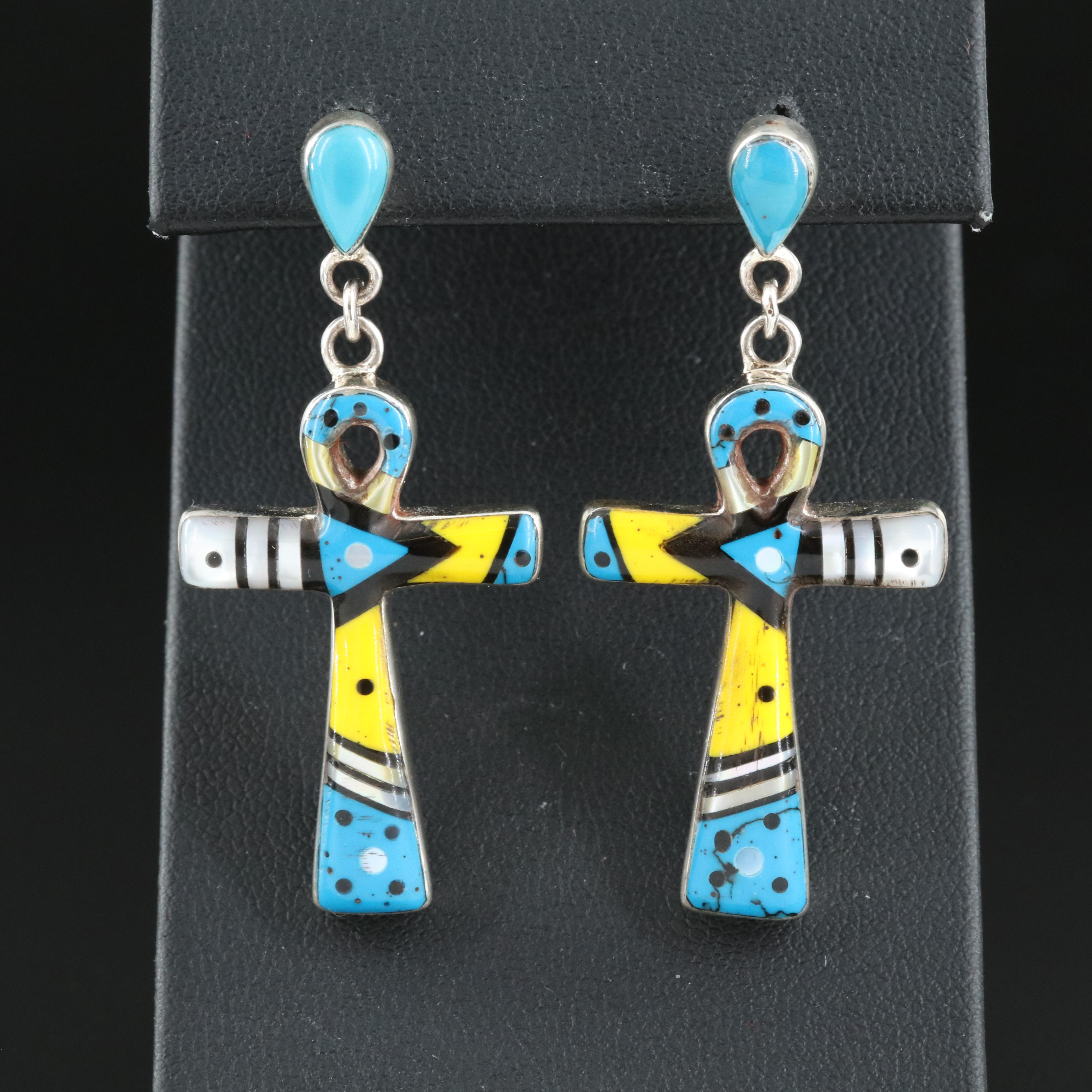 Sterling Inlay Ankh Earrings Including Turquoise and Mother of Pearl