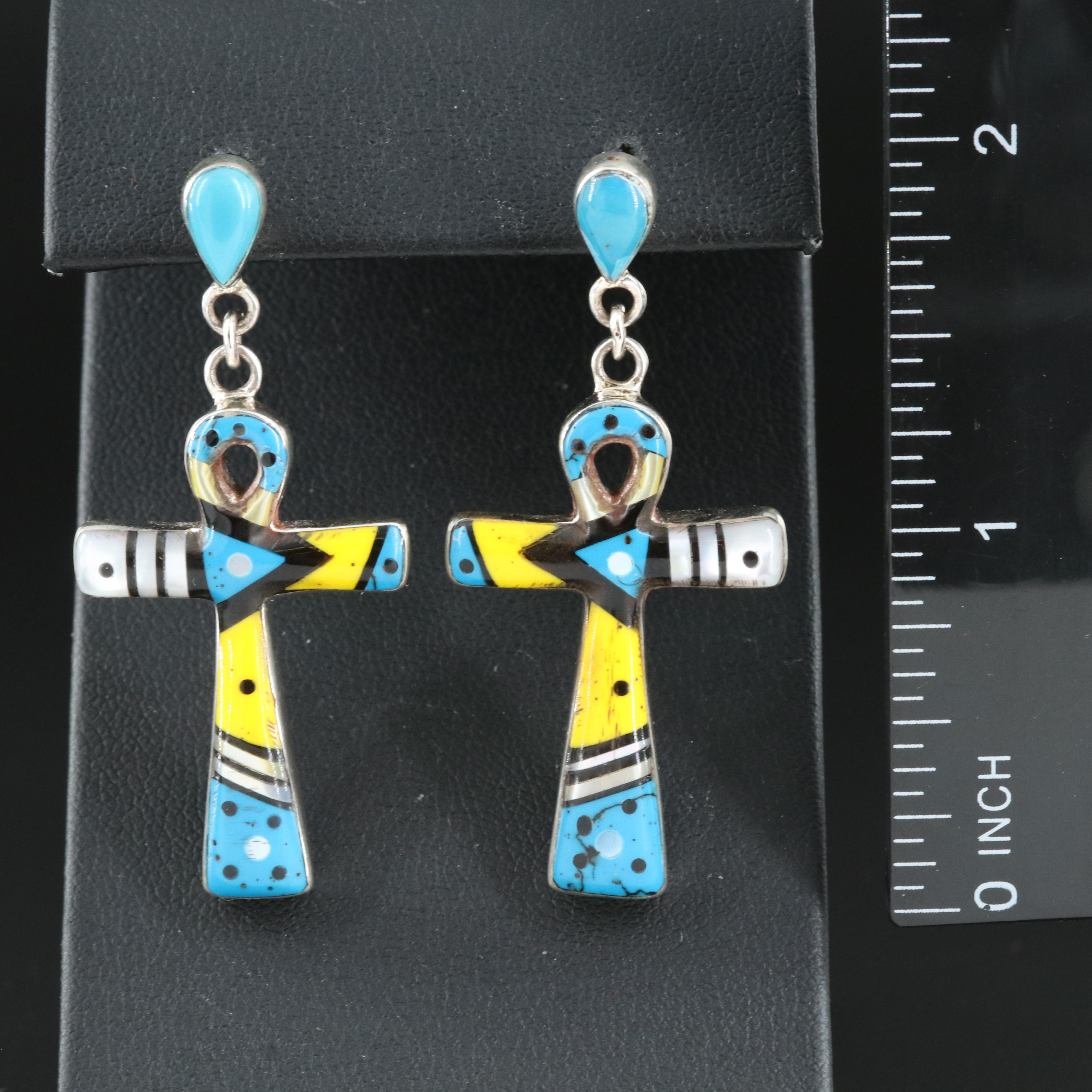 Sterling Inlay Ankh Earrings Including Turquoise and Mother of Pearl