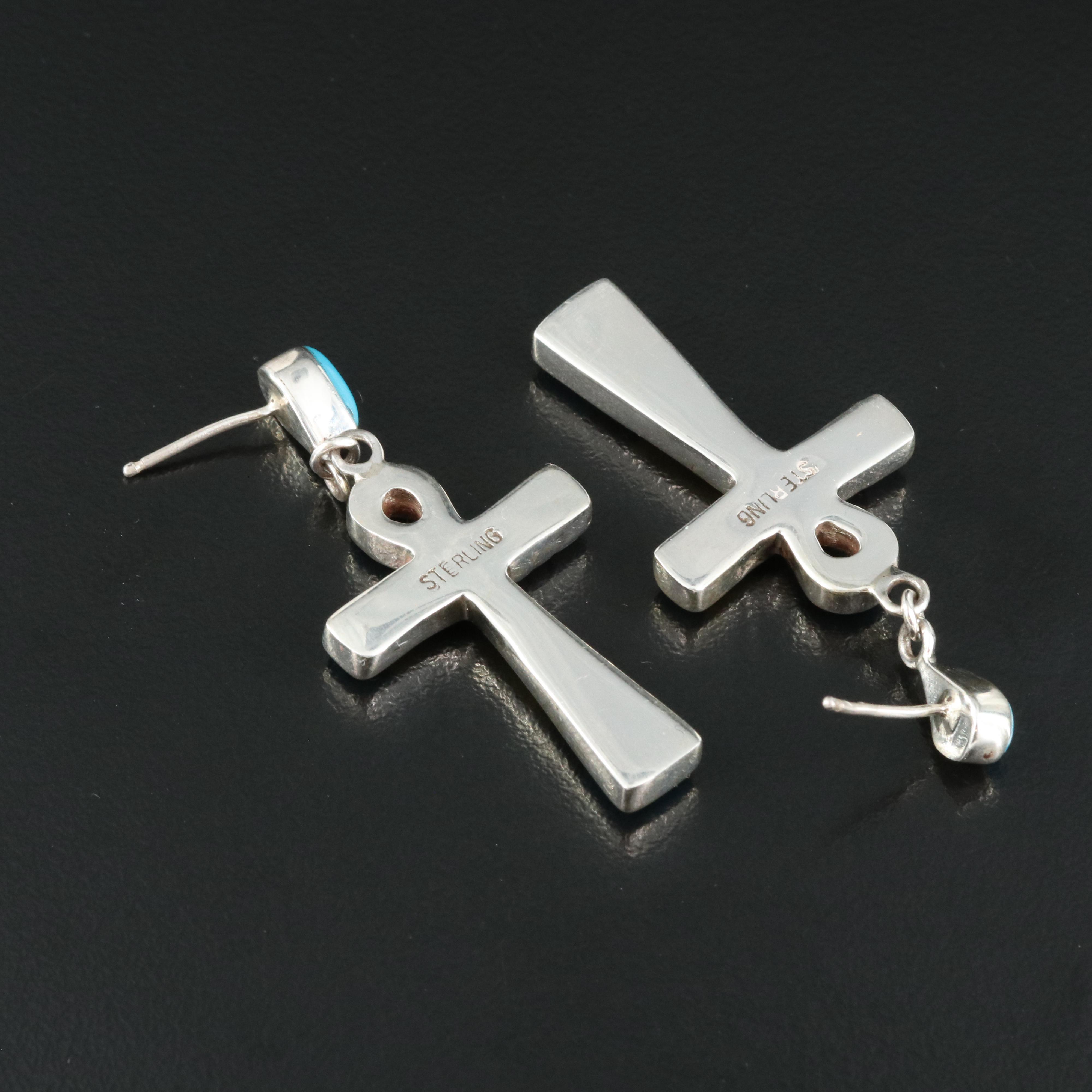 Sterling Inlay Ankh Earrings Including Turquoise and Mother of Pearl