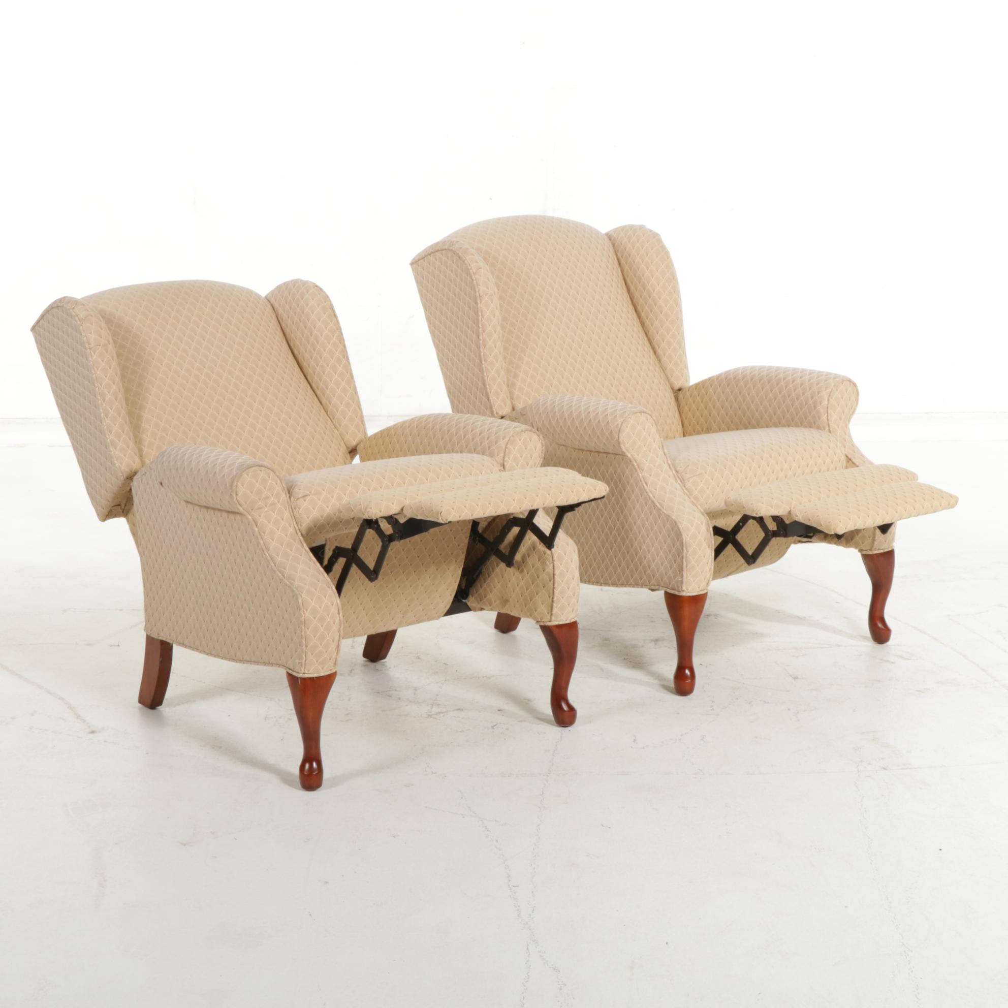 Pair of Lane "Hampton" Queen Anne Style Custom-Upholstered Wingback Recliners