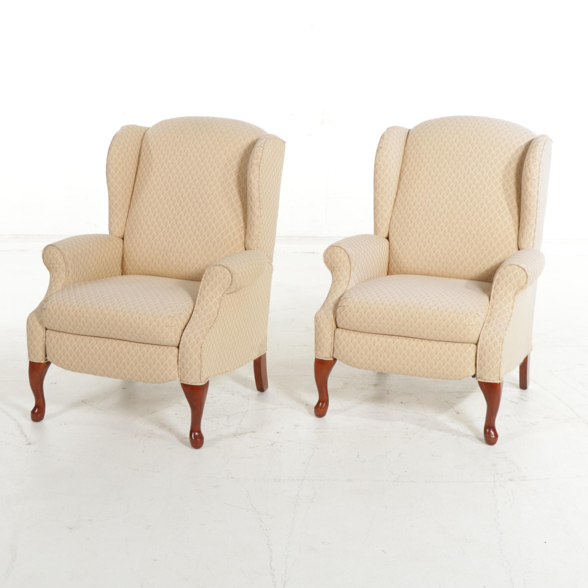 Pair of Lane "Hampton" Queen Anne Style Custom-Upholstered Wingback Recliners