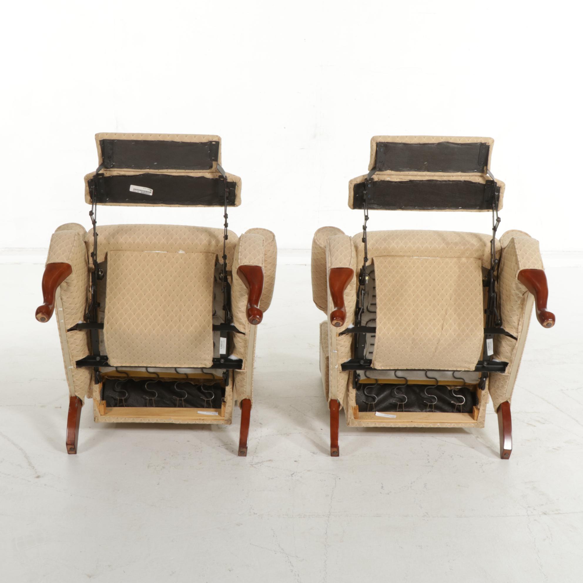 Pair of Lane "Hampton" Queen Anne Style Custom-Upholstered Wingback Recliners