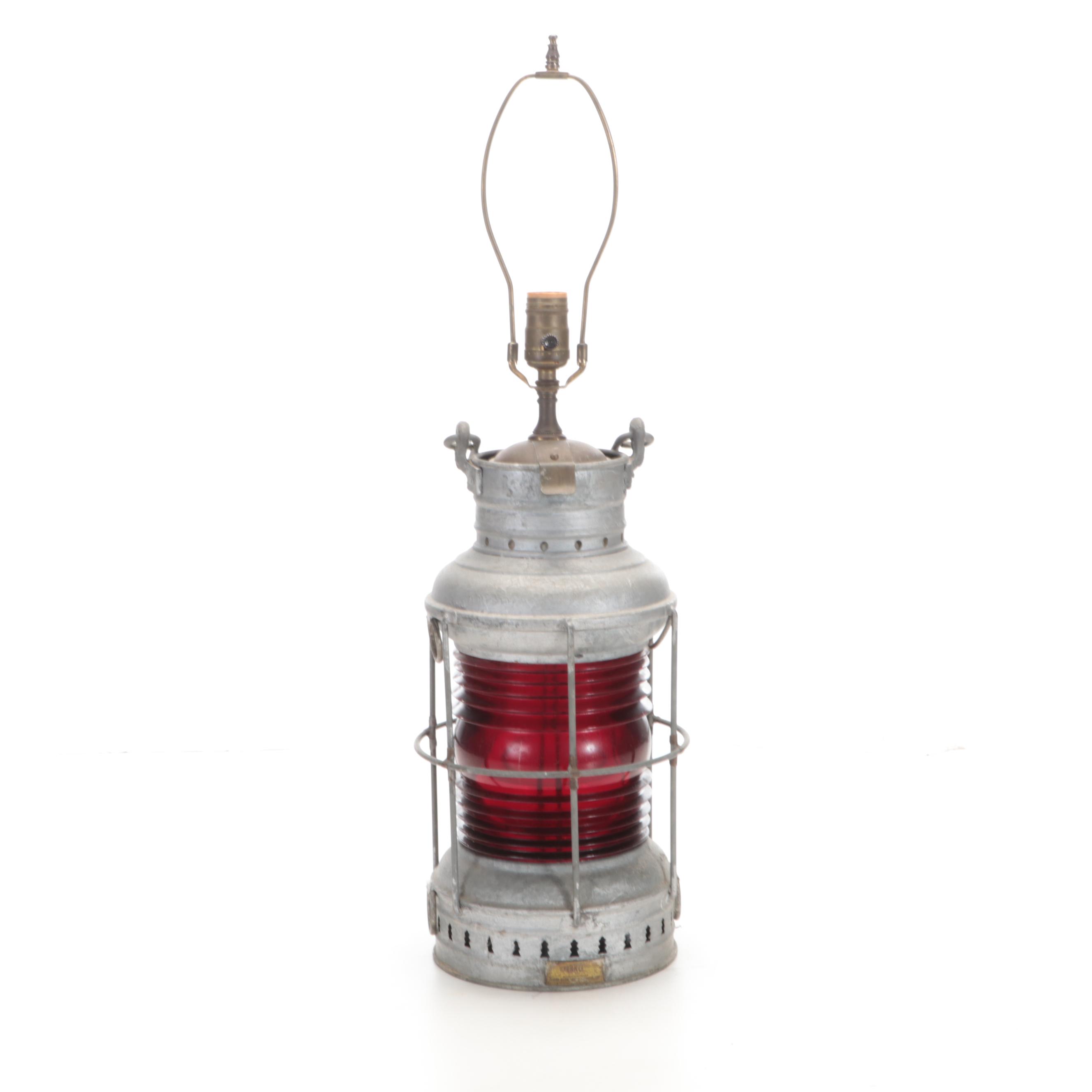 Perko Red Glass and Metal Converted Lantern Table Lamp, 20th Century